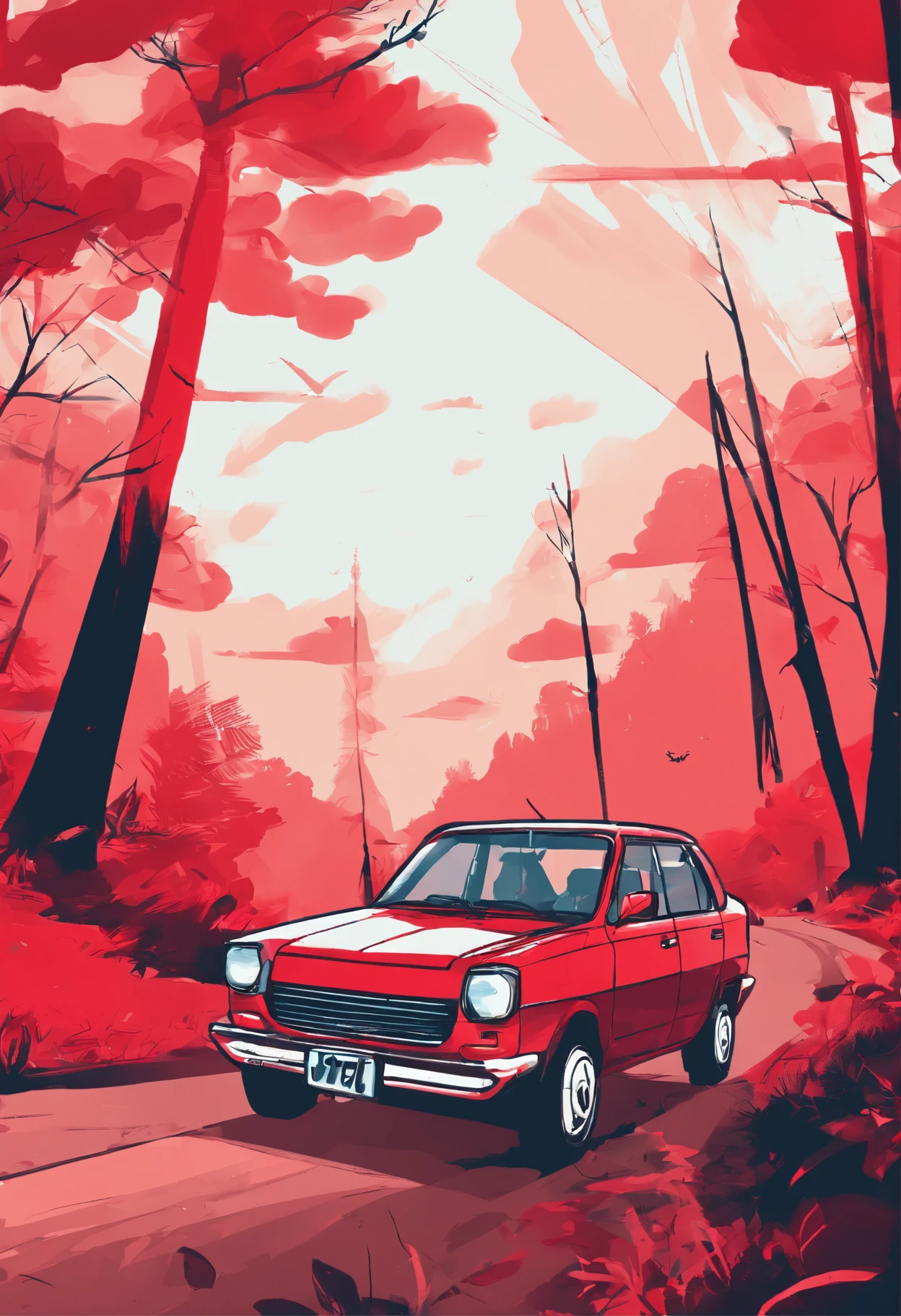 Design for t-shirts, flat design, red Toyota Avanza car driving on a forest road, simple background, simple colors, bold lineart, forest background, sunrise, three colors,