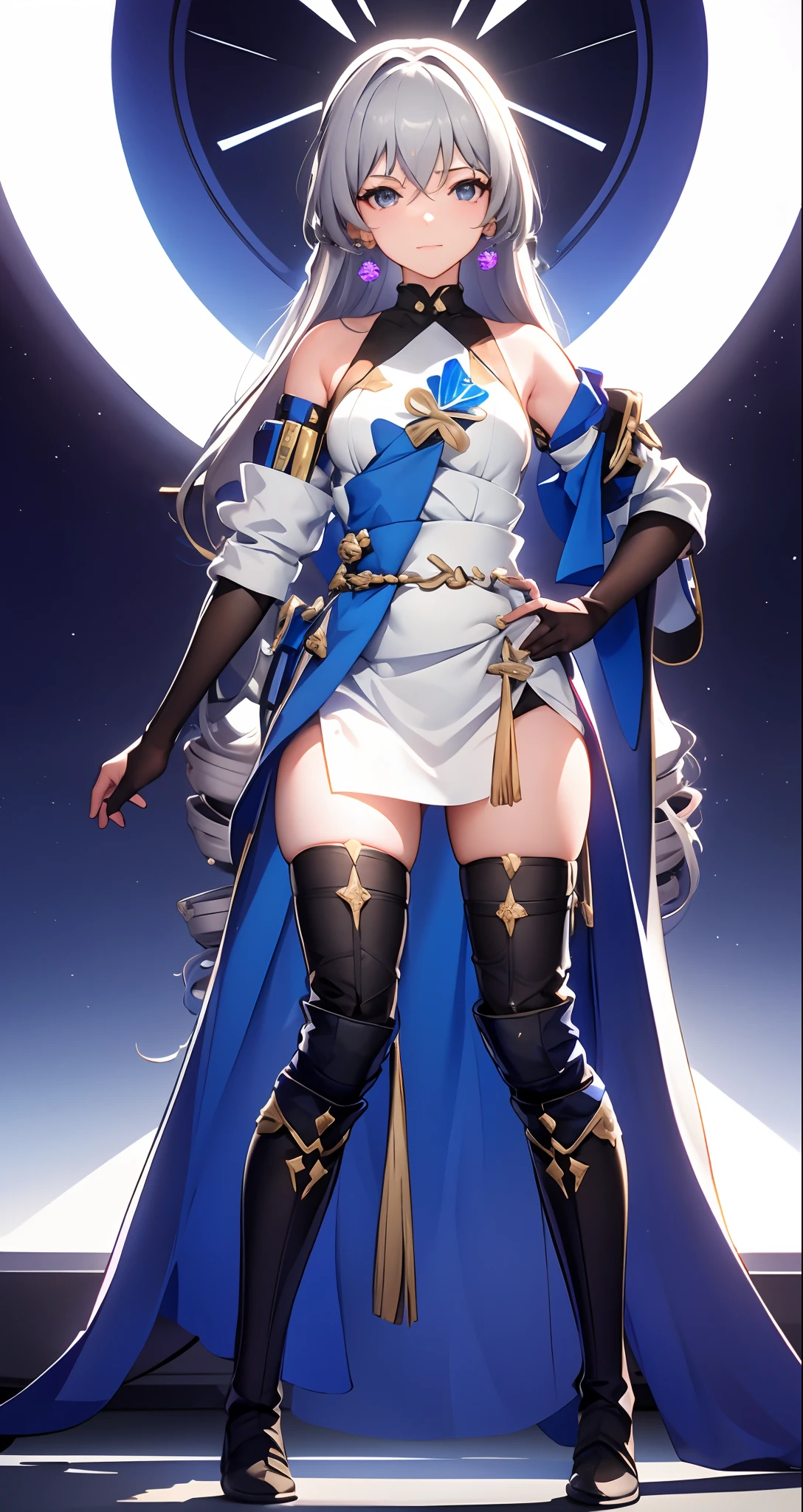 ph bronya, 1girl, solo, The upper part of the body，trinkets, 耳Nipple Ring, long whitr hair, whaite hair, By bangs, drill bit, cropped shoulders, Gray eye, Long boots, Stockings, Hair between the eyes, boots, gloves on the elbow, 无袖, Black gloves, Double diamond,obi strip，Leggings，White dress，breastsout，smallunderboob，Black shoes，longer sleeves，（tmasterpiece：1.2，Need），（Delicate and beautiful eyes：1.2），（The background is meticulous，Dark fantasy），（beautiful  detailed face），hight contrast，（The best lighting，Extremely refined and beautiful），（（cinematric light）），plethora of colors，hyper-detailing，dramatic light，Complicated details，（Sharp facial hair between the eyes，dynamic angle），Black light swirling around the character，depth of fields，Black light particles，（brokenglass），Magic Array，