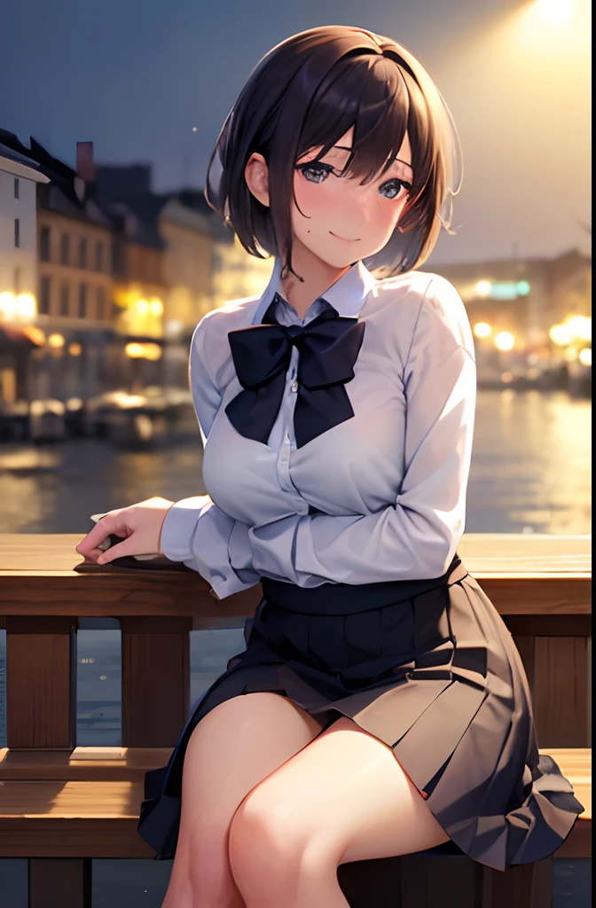 (8K, Best Quality, masutepiece:1.2), (SFW:1.3), (Realistic, Photorealsitic:1.37), Ultra-detailed, 1 girl,Cute, Solo,Beautiful detailed sky,Detailed Cafe,Night,Sitting,Dating,(nose blush),(Smile:1.1),(Closed mouth) medium breasts,Beautiful detailed eyes,(Collared shirt:1.1), bowtie,Pleated skirt,(Short hair:1.2),Floating hair