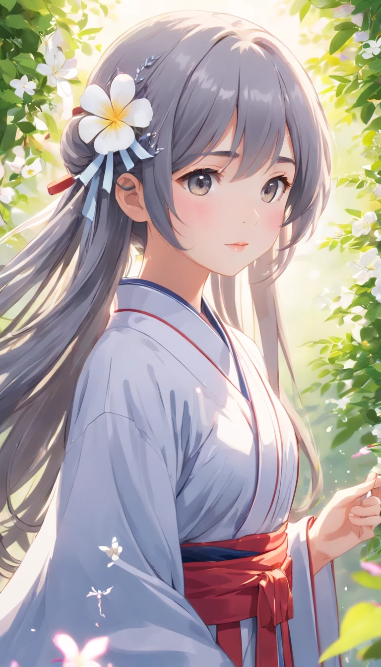 (Little girl:1.5),Lace,ribbon,Hanfu,(Masterpiece, side-lighting, Beautiful gray eyes,The details are meticulous: 1.2), Masterpiece, Realistic, Glowing eyes,Shiny hair,Black hair,long whitr hair, Glossy glossy skin, Solo, embarressed,No shoulder strap,Exquisite,prettify,sonoko,Flowers,flying petal,