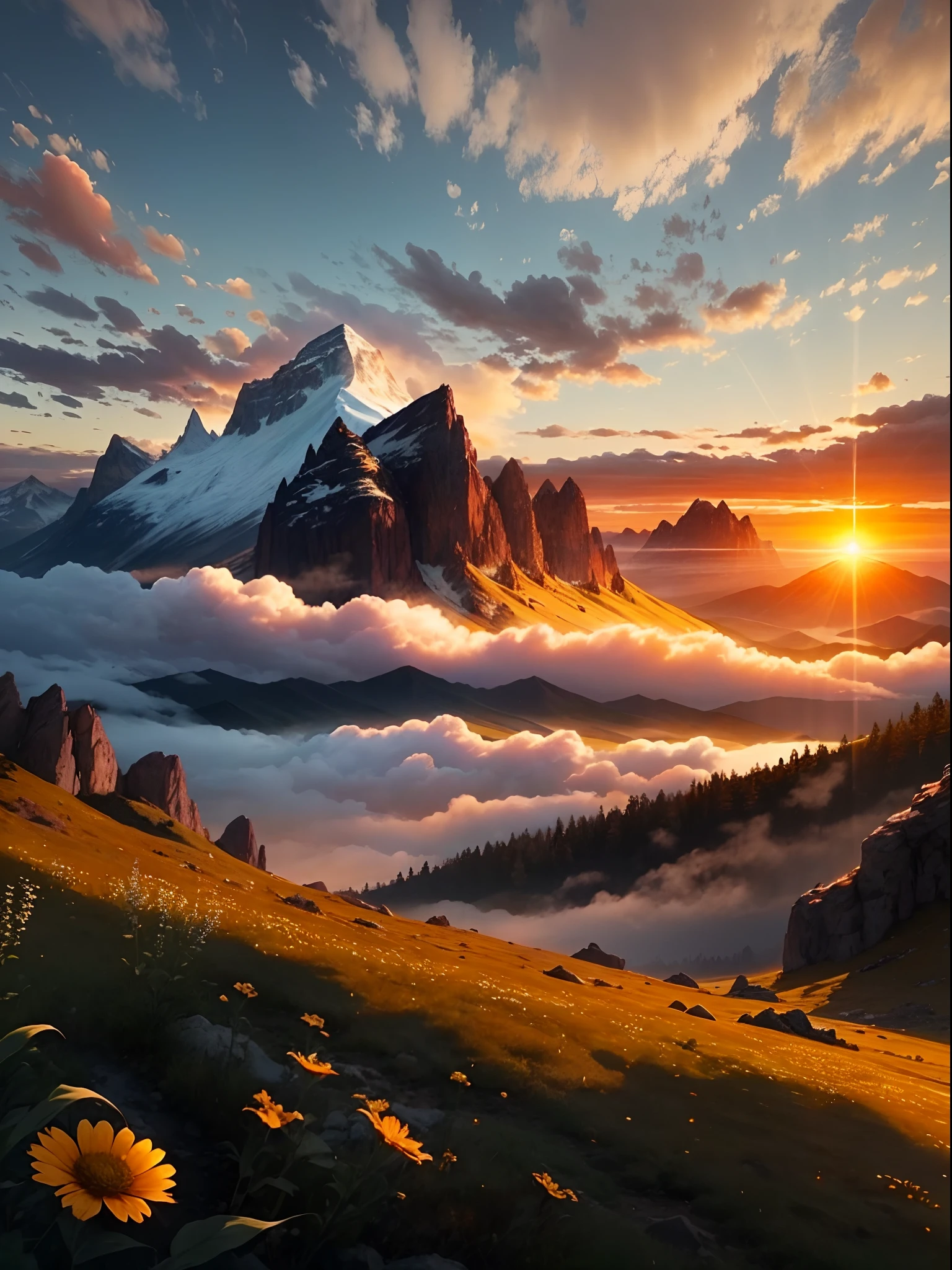 the setting sun,evening light,Wide sky,Squamous clouds,Intense golden glow,Cloud gap light,Contre-Jour,Mountains,Small wildflowers are scattered throughout the mountains,Transparent,Faraway view,Flat beat,k hd,Real shooting
