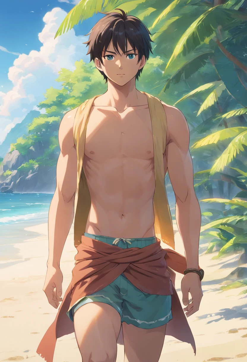 A close-up of a man in shorts and sandals, loincloth, wearing loincloth, loin cloth, Shirtless :: High detail, in clothes! Highly detailed, sarong, Roronoa Zoro, Eiichiro Oda style, SNK, from one piece, handsome guy in demon killer art, Semi-realistic, Half realistic, on the beach