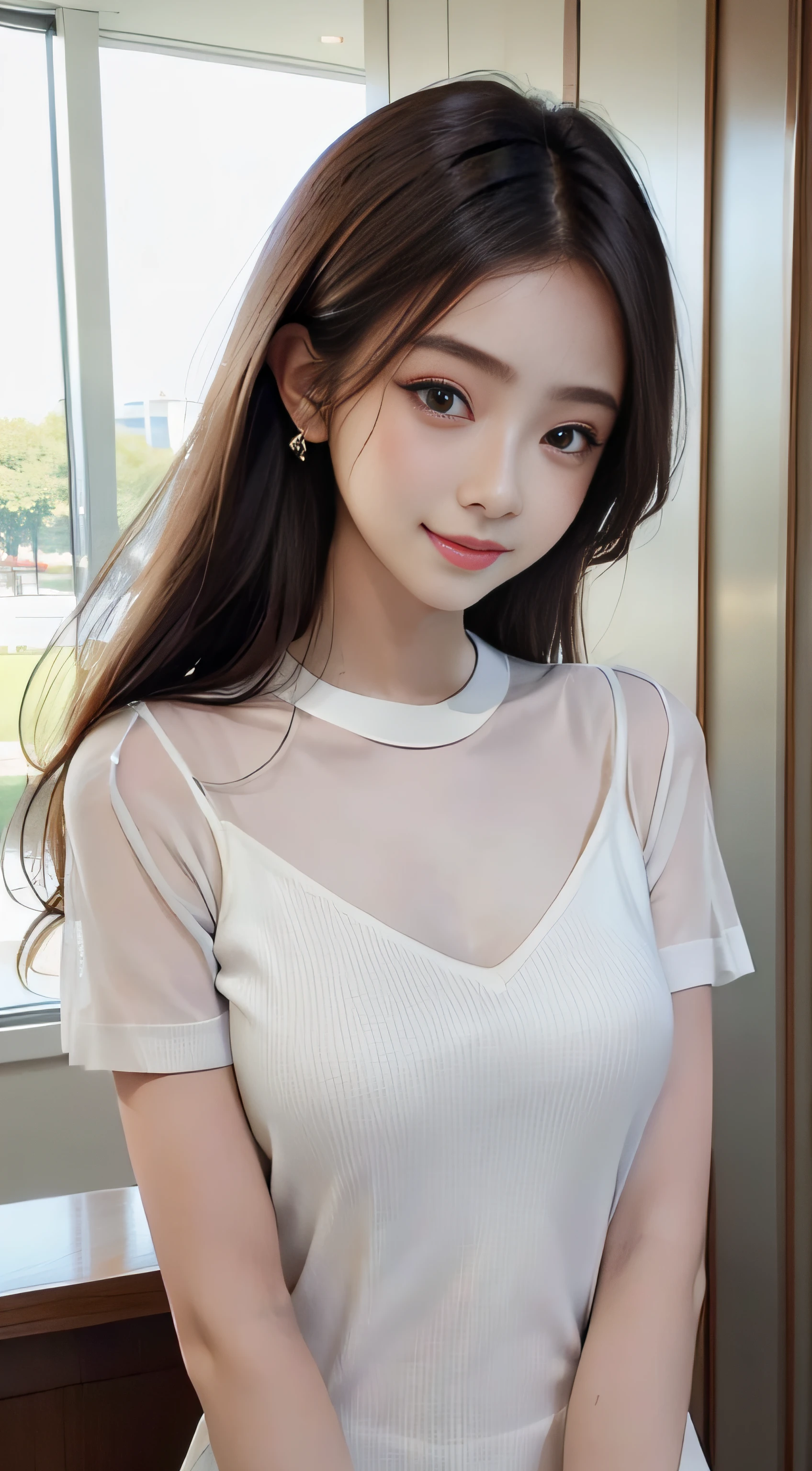 masterpiece、Top image quality:1.2、((beautiful young woman with))、Transparent skin:1.2、{A slight smil}、(kawaii)、Transparent short sleeve knit:1.2、luxury hotel、depth of fields、Sharp Focus:1.5、Fine details