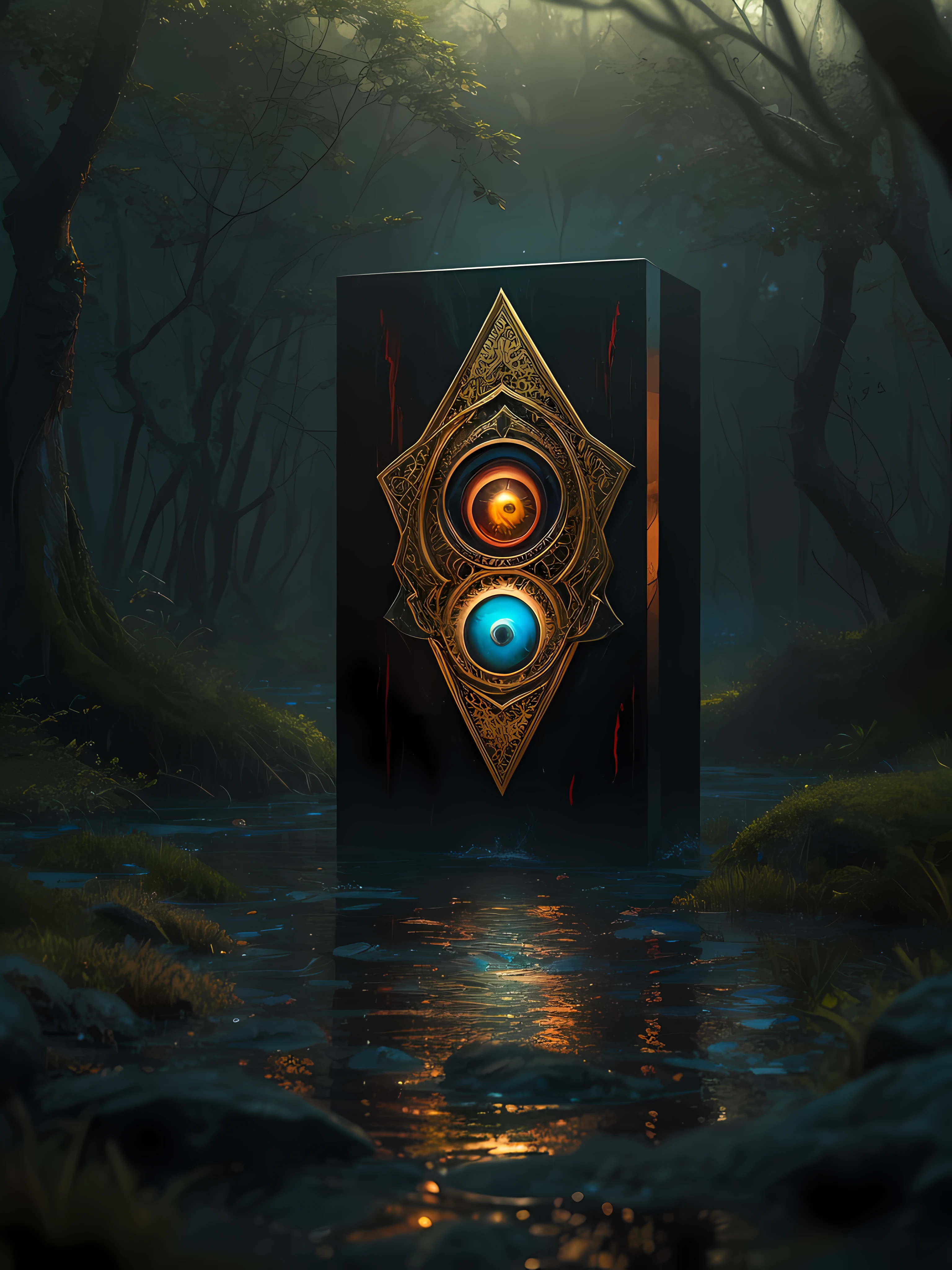 black smooth metallic monolith with multicolor dragon eye in the middle of a dark swamp, blood, portal, sunrise, fog, gold and petrol pattern, transparent, magic, science fiction, ai, trading derivatives, HDR, RGB, highly realistic, Volumetric light, auras, rays, vivid colors reflects, trending on artstation, sharp focus, studio photo, intricate details, highly detailed,