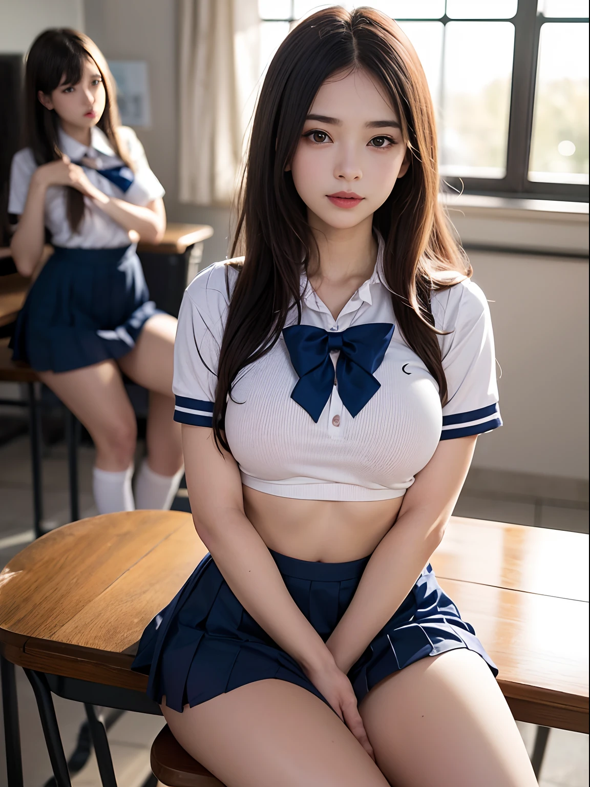 (2 young girls), beautiful girl with beautiful details, RAW photo, (Best quality:1.2), 8K, High details, A high resolution, with the highest quality, High-definition RAW color photo, professional photoshooting, (Fine face:1.2), (Open-chested high school uniform:1.5), Pleated skirt, Indoors, Classroom, desk, chair, Sitting, (Open mouth), (legs are open), (Panties:1.3), (((Bokeh))), depth of fields,