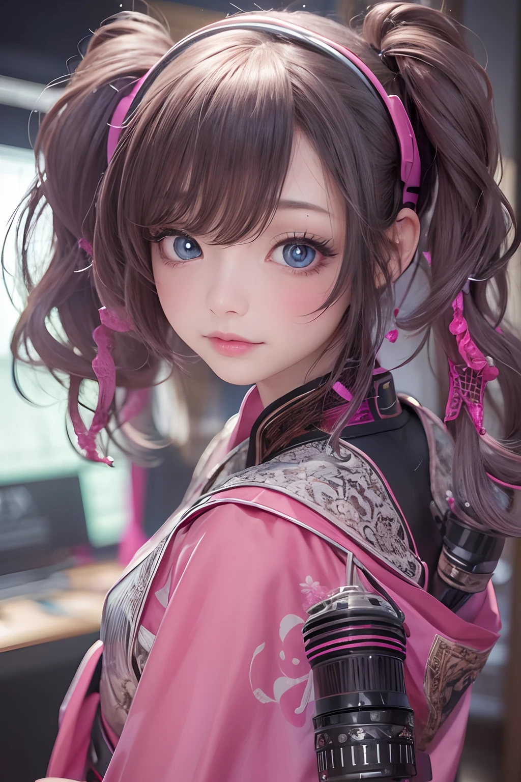 tmasterpiece, 1 beautiful girl, A detailed eye, Swollen eyes, top-quality, 超A high resolution, (reality: 1.4), 电影灯光, jpn, a asian beauty, very very beautiful, Beautiful skins, slenderness, Forward-facing body, (ultra-realistic realism), Gaze towards the viewer、(A high resolution), (8K), (The is very detailed), ( Best Illustration), (Beautifully detailed eyes), (ultra - detailed), 详细的脸, Bright lighting, Professional lighting、In the background is a cyberpunk room with a large number of monitors...、The rope is connected from the garment、The hair color is pink double tail、headset on head、Small tattoos on the face、Female game commentator、Animate