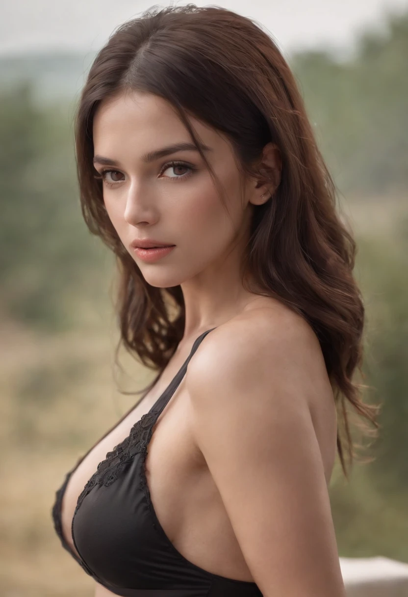 best-Quality, ultra-realistic, 4k, beautiful brunette girl, NSFW, Brown eyes, see-through sexy bikini only, top-less, breast and nipples shown, full length, crying face, sad face, kneeling, bending forward, hands touching the floor, butt facing viewer, twerking, head tilted on the side, light skin,::N