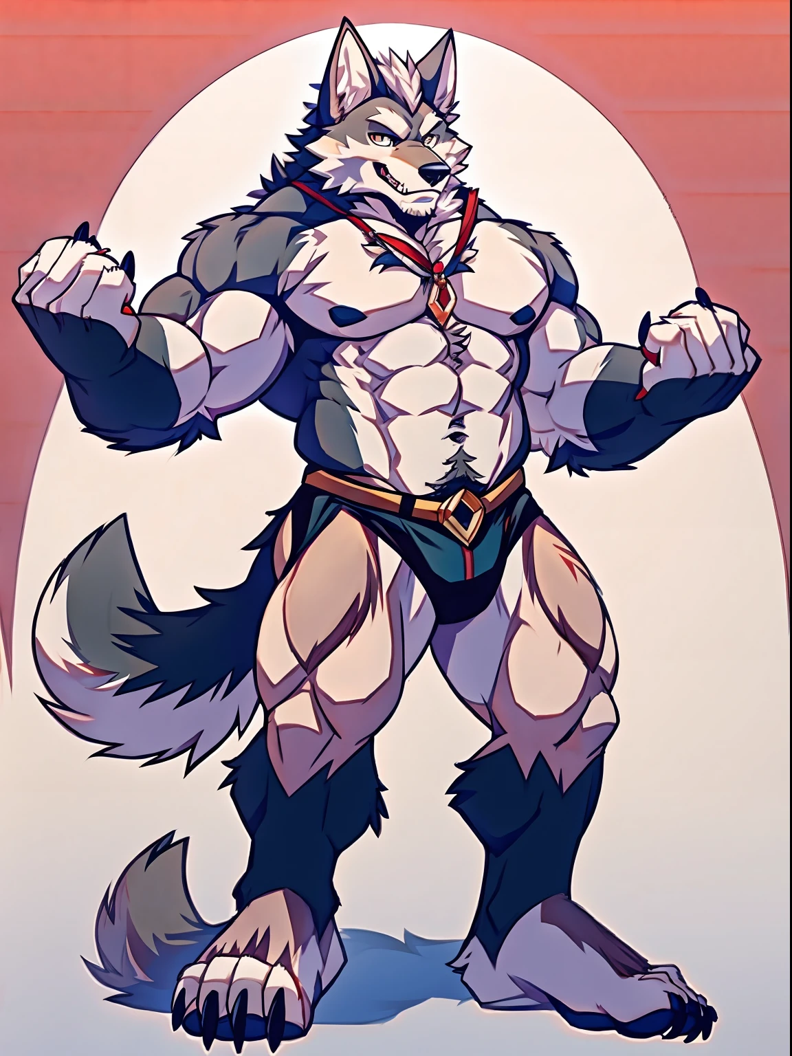 Human-wolf,musculous,Hairy all over,clawed paws,erect through