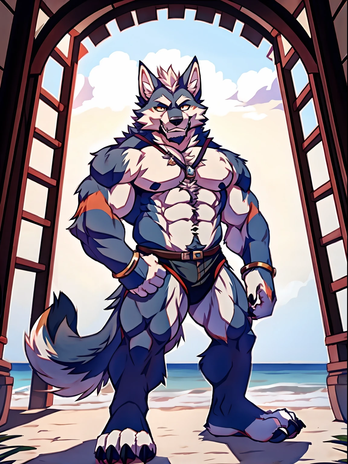 Human-wolf，musculous，Hairy all over，clawed paws，erect through