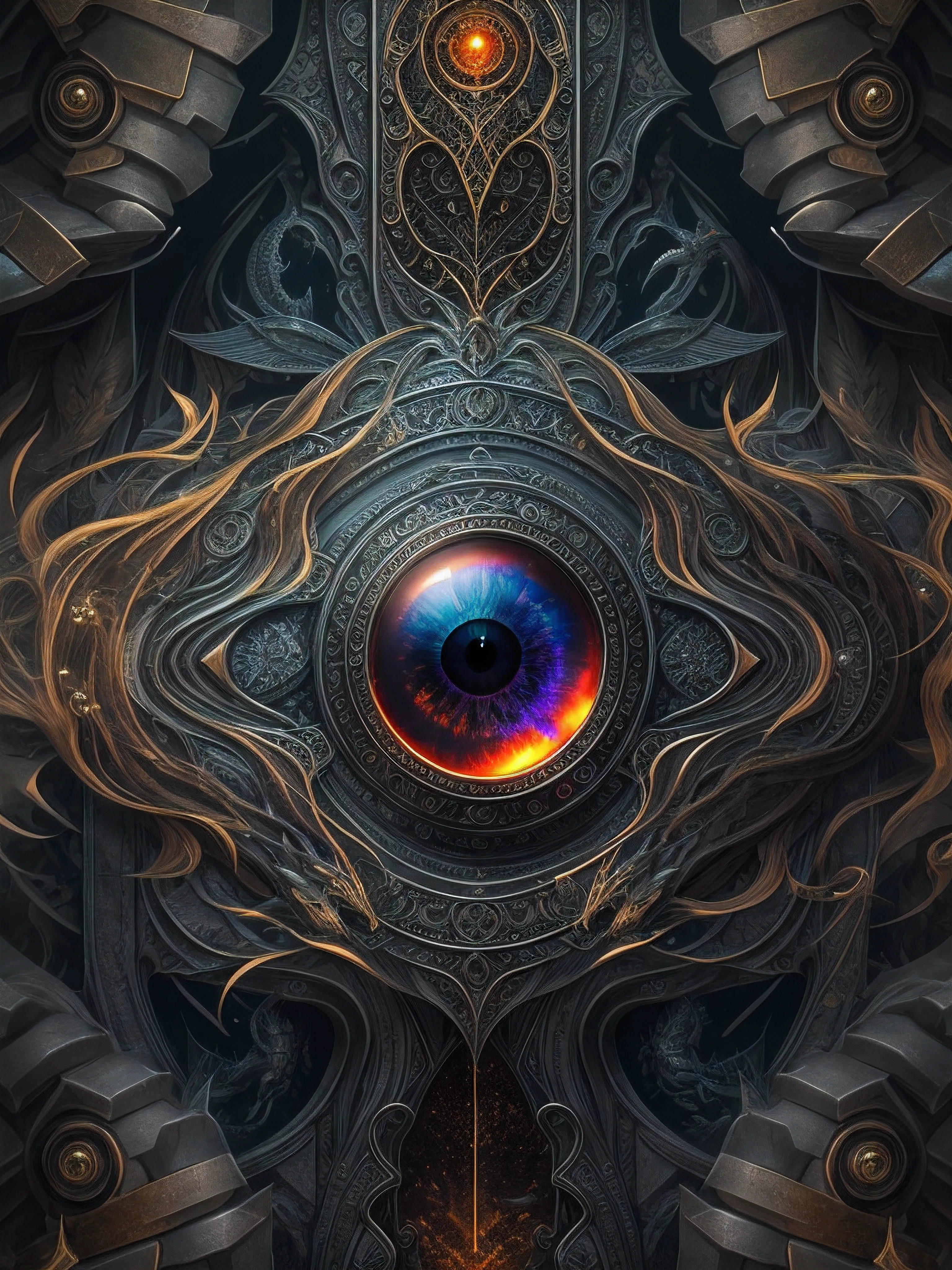 black smooth metallic monolith with multicolor dragon eye in the middle of a dark swamp, blood, portal, sunrise, fog, gold and petrol pattern, transparent, magic, science fiction, ai, trading derivatives, HDR, RGB, highly realistic, Volumetric light, auras, rays, vivid colors reflects, trending on artstation, sharp focus, studio photo, intricate details, highly detailed,