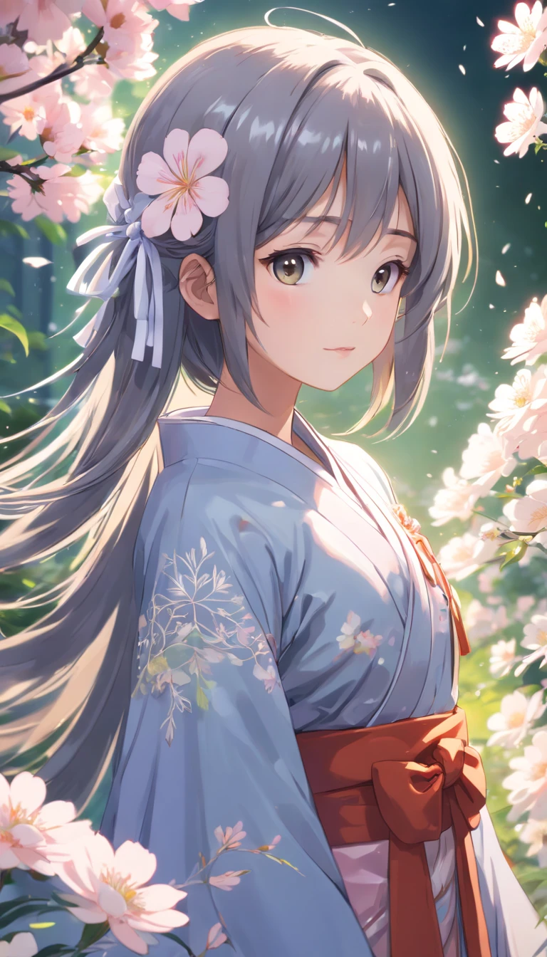 (:1.5),Lace,ribbon,Hanfu,(Masterpiece, side-lighting, Beautiful gray eyes，The details are meticulous: 1.2), Masterpiece, Realistic, Glowing eyes,Shiny hair,Black hair,long whitr hair, Glossy glossy skin, Solo, embarressed,No shoulder strap,Exquisite,prettify,sonoko,Flowers,flying petal,