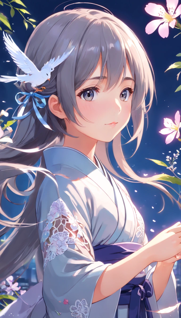 (Little girl:1.5),Lace,ribbon,Hanfu,(Masterpiece, side-lighting, Beautiful gray eyes，The details are meticulous: 1.2), Masterpiece, Realistic, Glowing eyes,Shiny hair,Black hair,long whitr hair, Glossy glossy skin, Solo, embarressed,No shoulder strap,Exquisite,prettify,sonoko,Flowers,flying petal,