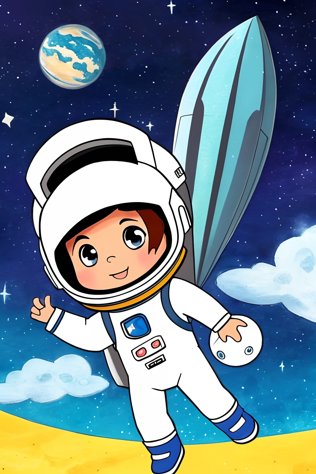 cute astronaut chibi, para capa livro infantil, fundo branco, poucos detalhes, Desenho simples, poucos outros elementos, Adesivo 2D, Corpo inteiro, desenho aquarela, HD