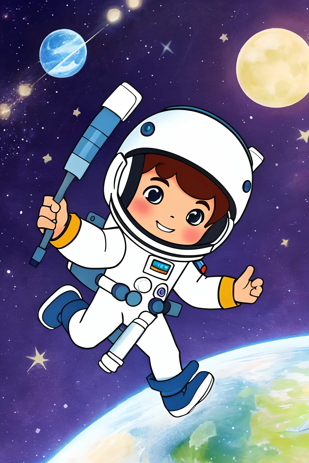 cute astronaut chibi, para capa livro infantil, fundo branco, poucos detalhes, Desenho simples, poucos outros elementos, Adesivo 2D, Corpo inteiro, desenho aquarela, HD