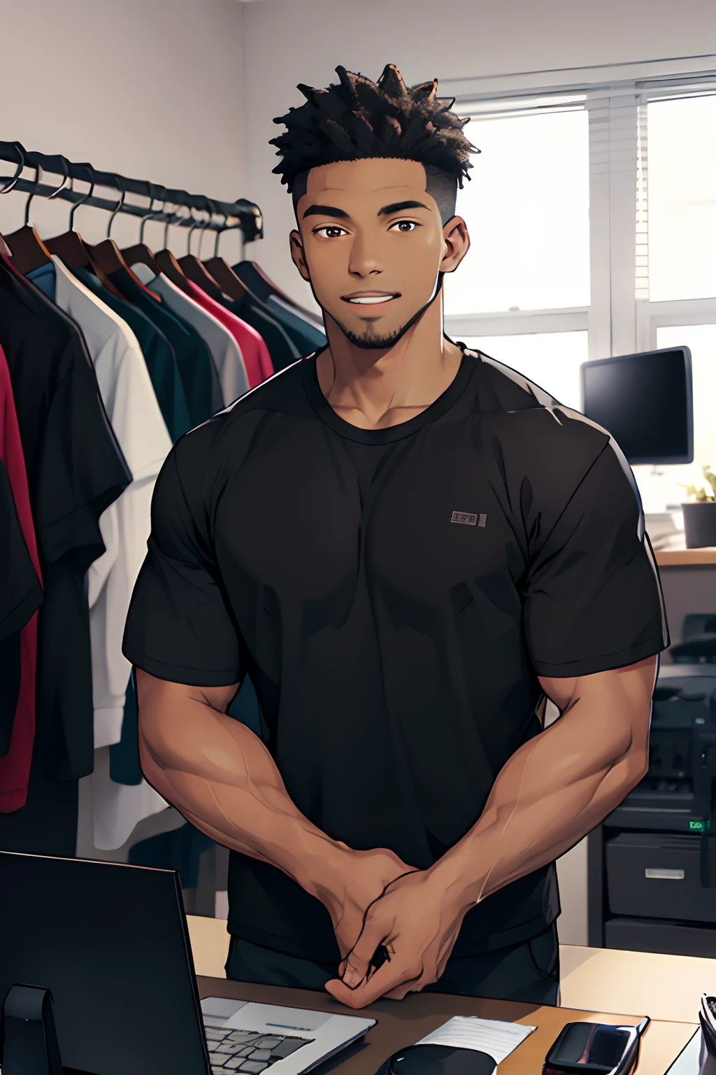 black guy in studio, black shirt,