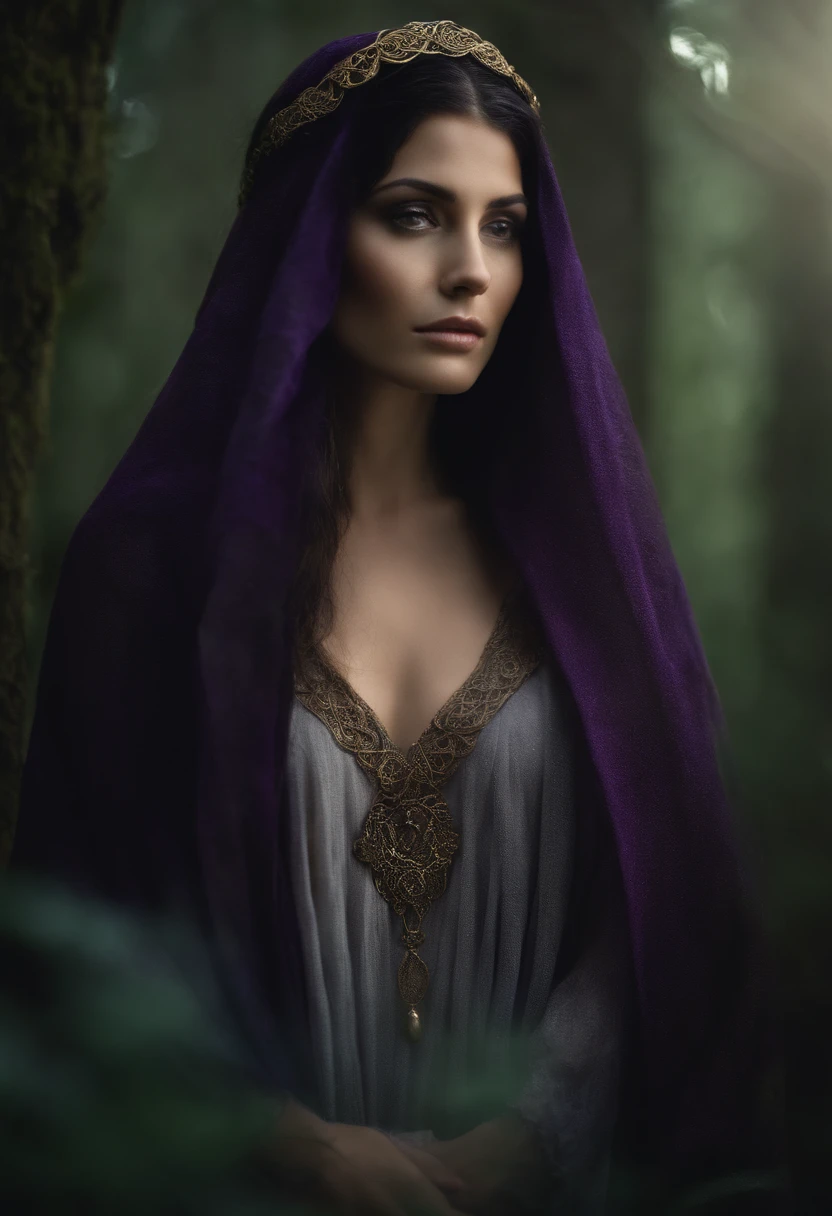 Mulher misteriosa celta, caminha apressada pelo bosque, alta e esguia, capa com capuz, with Celtic knot jewelry, Poster design, 300 DPI, soft-lighting, ethereal art, misteriosa, Pouca neblina, serene expression, atmosfera encantadora, foto, 8k, dynamic action, nostalgic dreamer, foco suave, vinhetas escuras, vazamentos de luz, medium shot photograph, Ethereal dark artistic painting, Cabelos longos e castranhos. purple skin. black hair. purple eyes.
