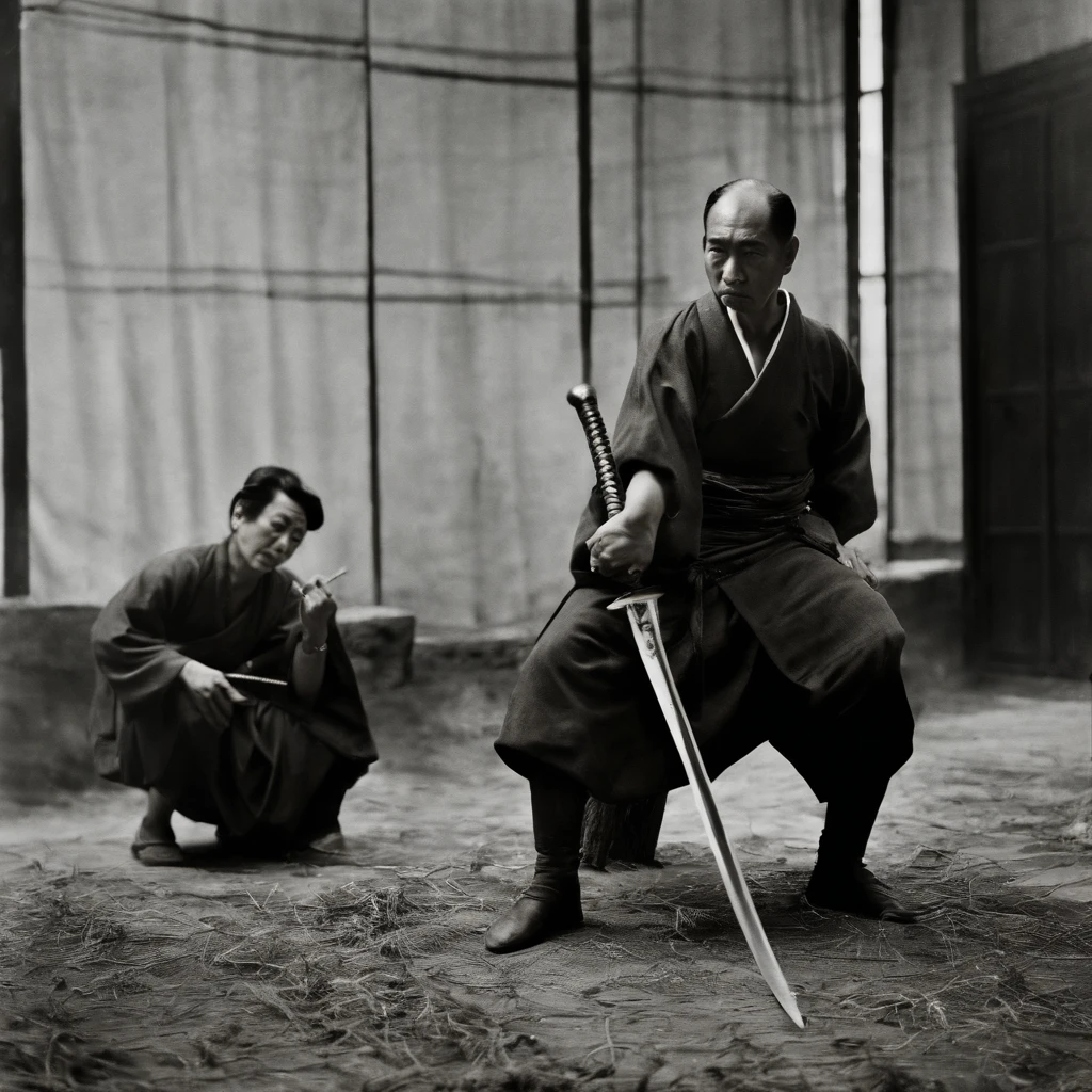 Yukio Mishima is sitting on the ground,, with a sword in hand, behind him stands a Japanese woman in the background
