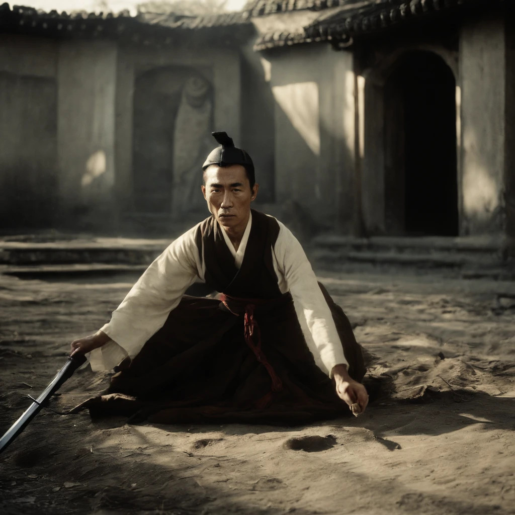 Yukio Mishima  is sitting on the ground,, with a sword in hand, behind him stands a Japanese woman in the background