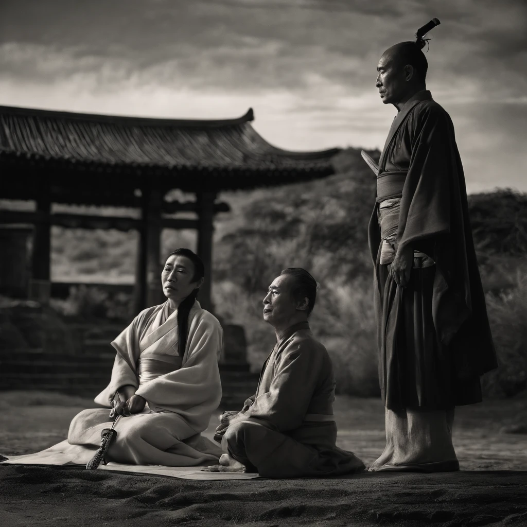 Yukio Mishima is sitting on the ground,, with a sword in hand, behind him stands a Japanese woman in the background