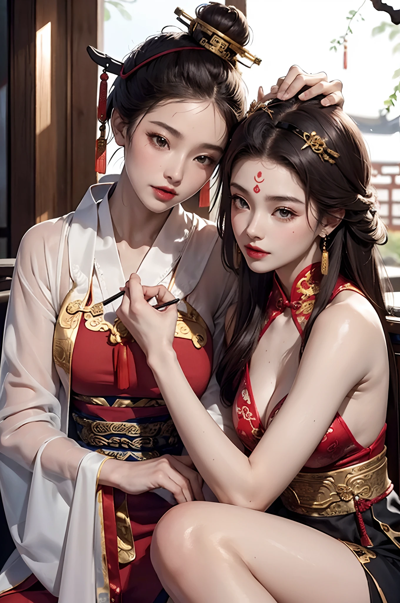 a couple of lesbians sitting together,leering:1.4,Taoist,single hair bun,(An ancient Chinese hairstick on her head:1.5),Use mahogany hairpins,(Revealing a translucent cheongsam),(Urzang-6500-V1.3,PureFace_V1,Octane rendering),Elegant Pose,xxmix girl woman,Perfect composition golden ratio, Masterpiece, Best quality, 4K, Sharp focus. better hands, Perfect anatomy.