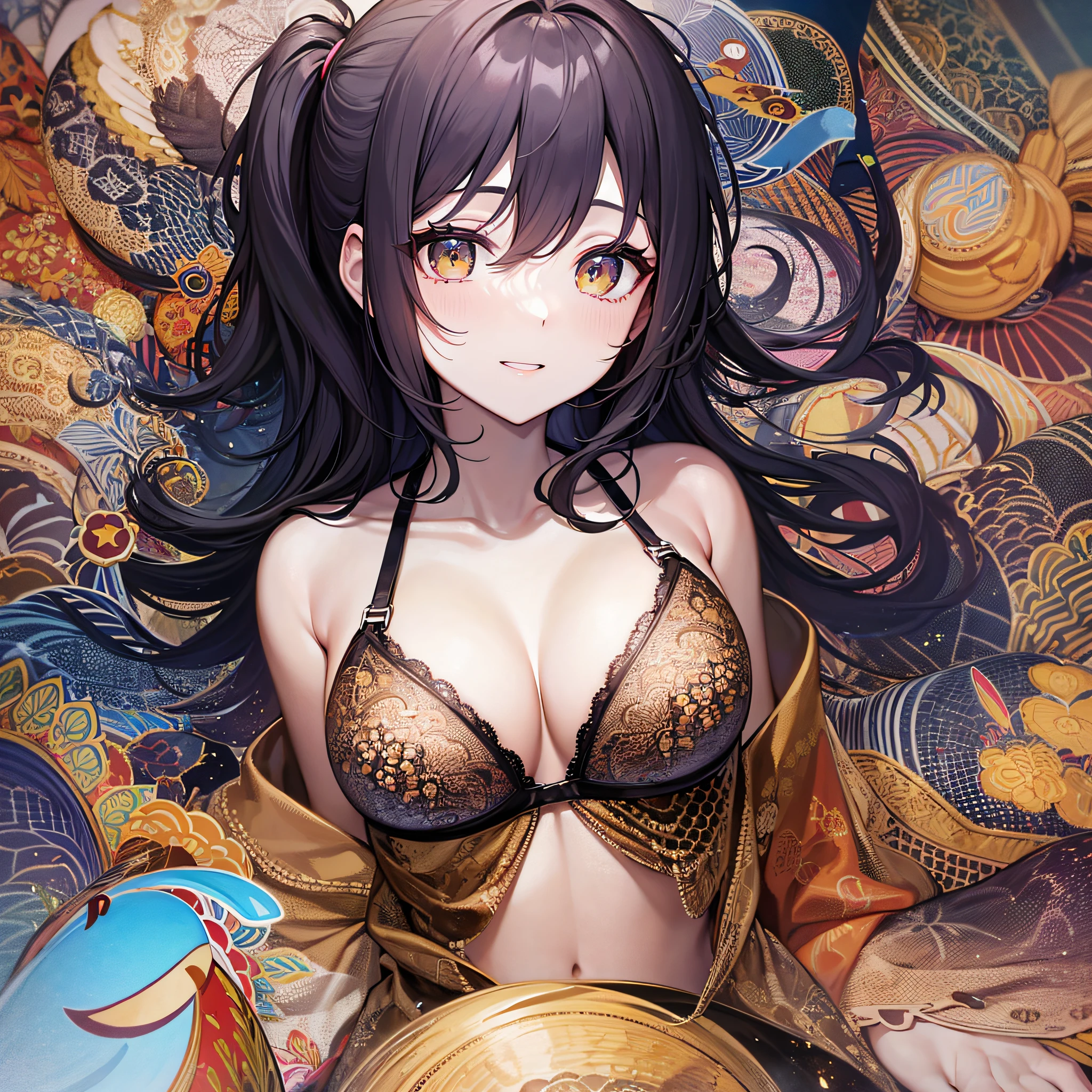 Obras、maximum quality、High definition、sozinho、、seios enormes、dentro、misaligned bra、T-Voltar、(chegar: 1.2)、expansion、de cima、arms extended、um olhar sorridente、cama、cuecas desgrenhadas、harsh breath、O visual de Houyue