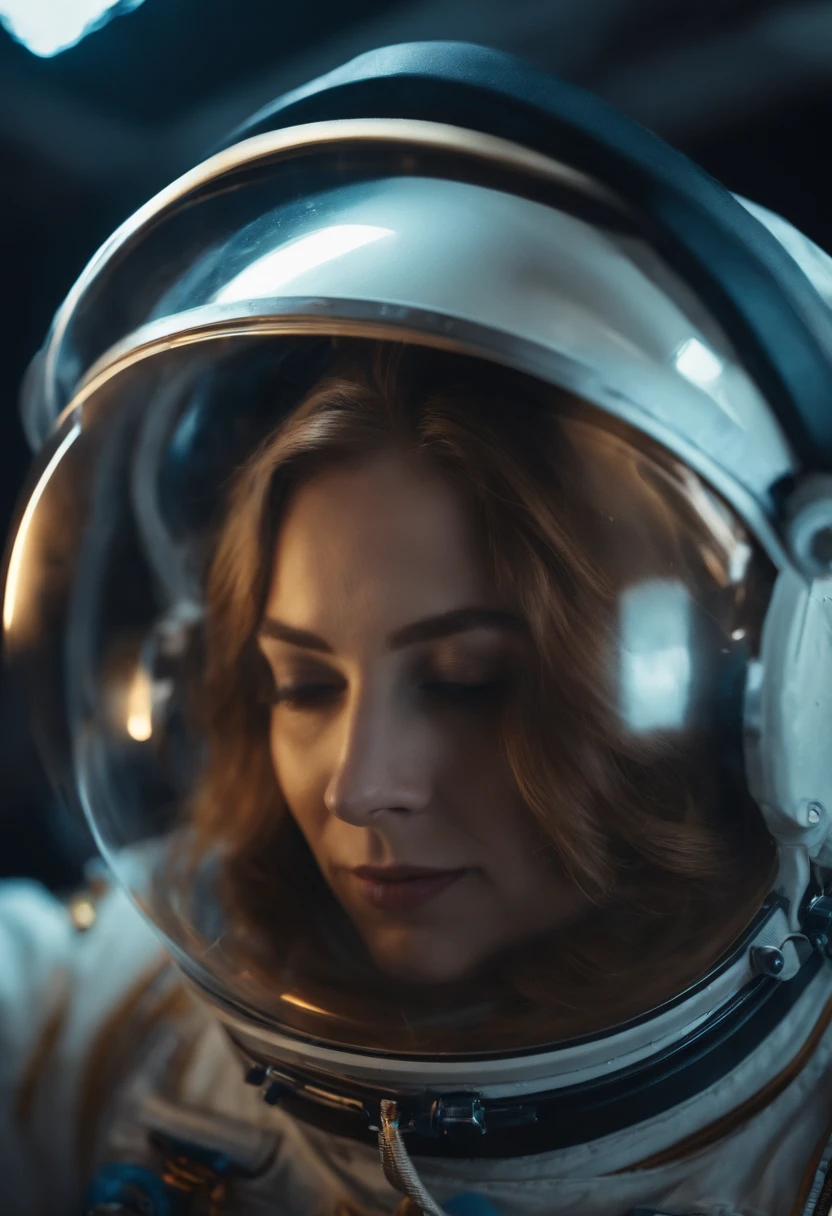 Mulher Astronauta, segurando capacete, space station, cor silenciada, 4K分辨率