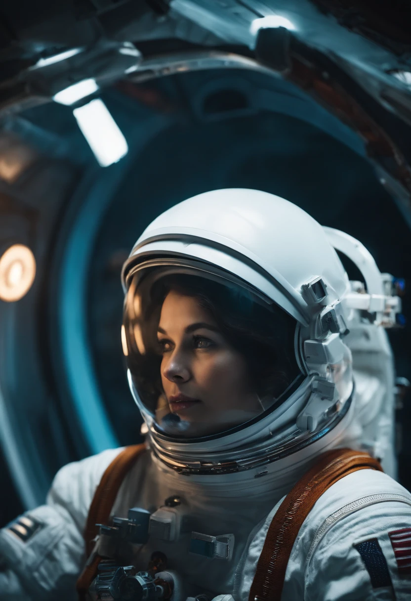 Mulher Astronauta, segurando capacete, space station, cor silenciada, 4K分辨率