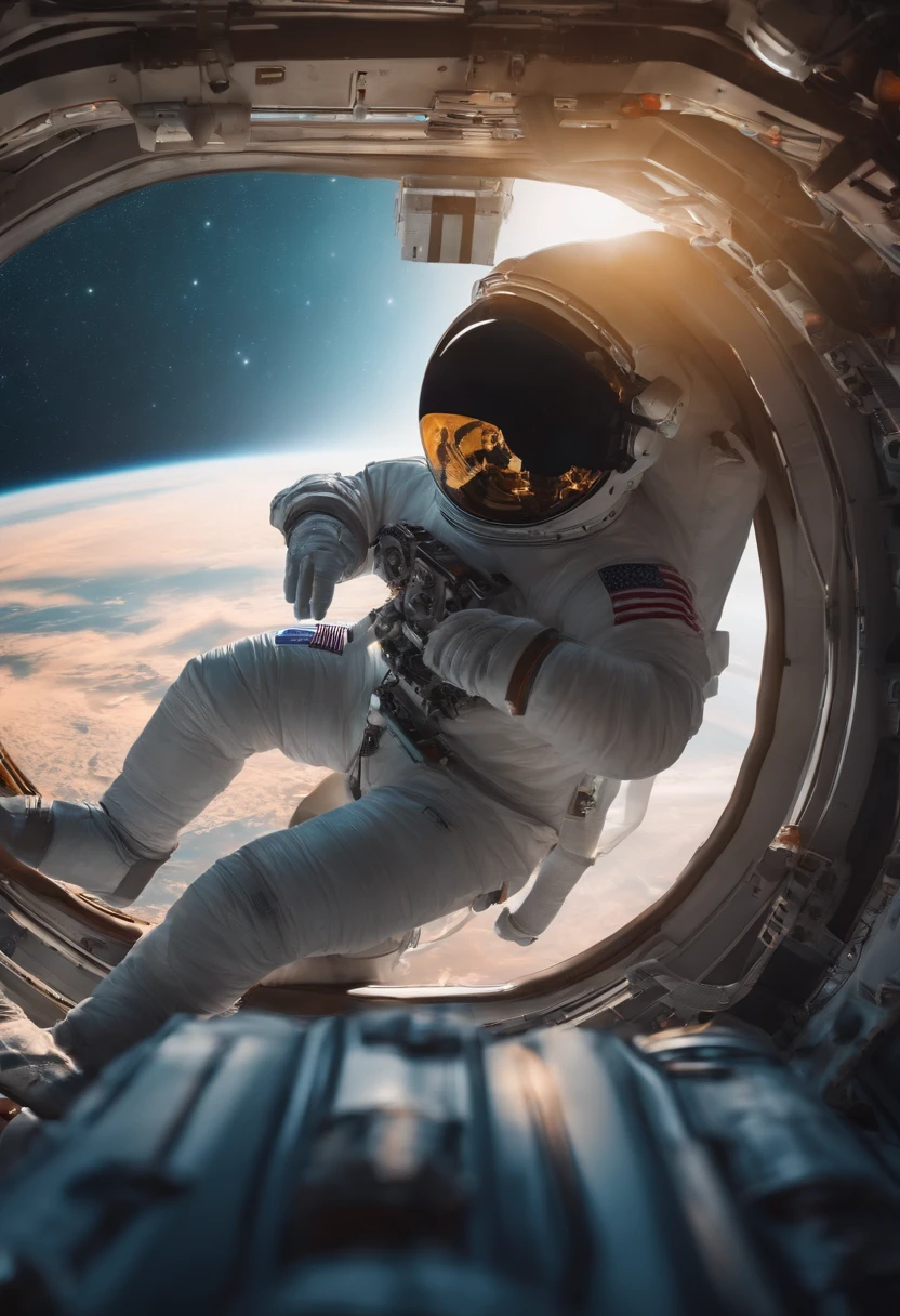 Mulher Astronauta, segurando capacete, space station, cor silenciada, 4K分辨率