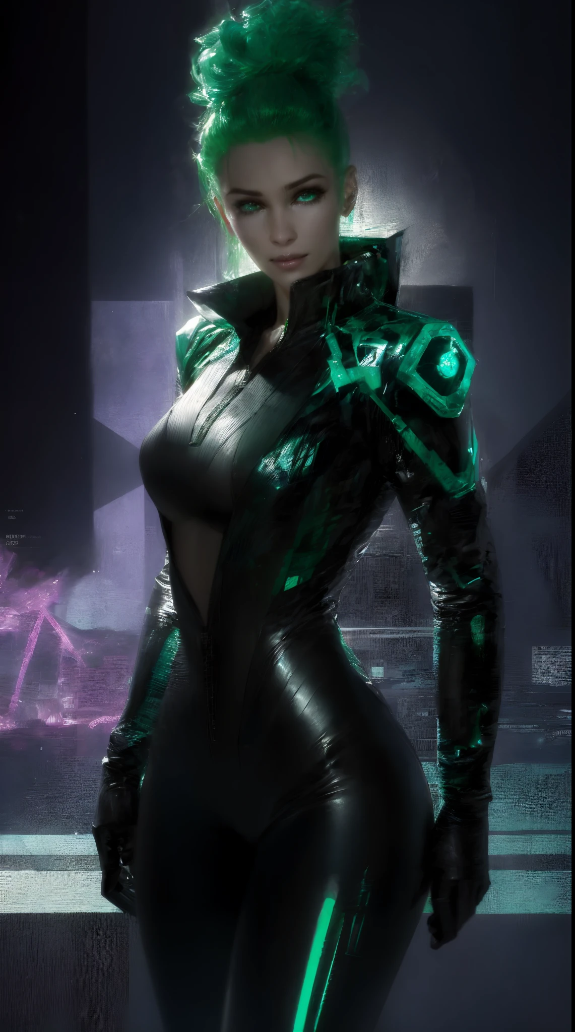 Estilo Synthwave, nvinkpunk Retrato detalhado cyberpunk (mulher sks) (mulher sks de 20 anos), Desgaste Reflexivo Neon Futurista, scientific fiction, rosto perfeito, (cabelos curtos), pele fosca, Casais, crisp detail, perspicacity, hiperdetalhado, Hiper realista, subsurface dispersion, Hasselblad Award Winner, soft diffuse lighting, sorrir, machine face, detalhes finos, Sombreamento realista, intrincado, elegante, Retrato premiado de meio corpo de uma mulher em um croptop, Silver jacket and silver cargo pants with ombre green hairstyle, respingos de tinta, respingos, escapar, Vaporware, shaded flat illustration, Arte Digital, altamente detalhado, detalhes finos, intrincado, cintura fina, corpo inteiro, standing on her feet, standingn