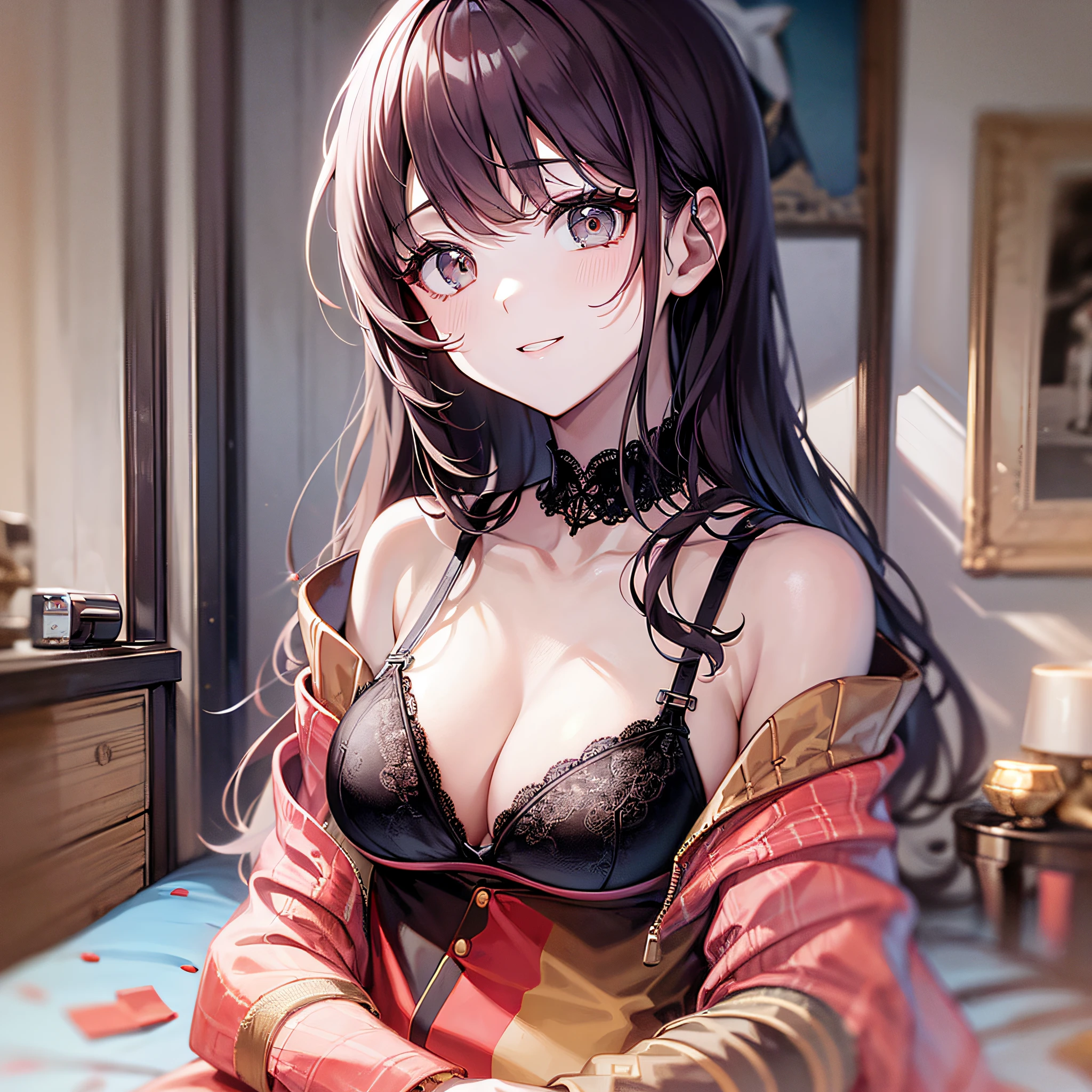 Obras、maximum quality、High definition、sozinho、、seios enormes、dentro、misaligned bra、T-Voltar、(chegar: 1.2)、expansion、de cima、arms extended、um olhar sorridente、cama、cuecas desgrenhadas、harsh breath、O visual de Houyue