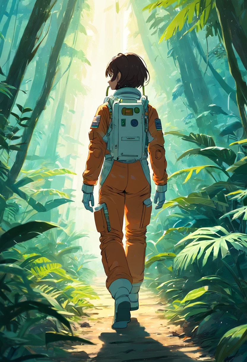 Astronaut walking in the jungle, Sony A7r, 50-mm-Objektiv, Morgenglühen, 8K