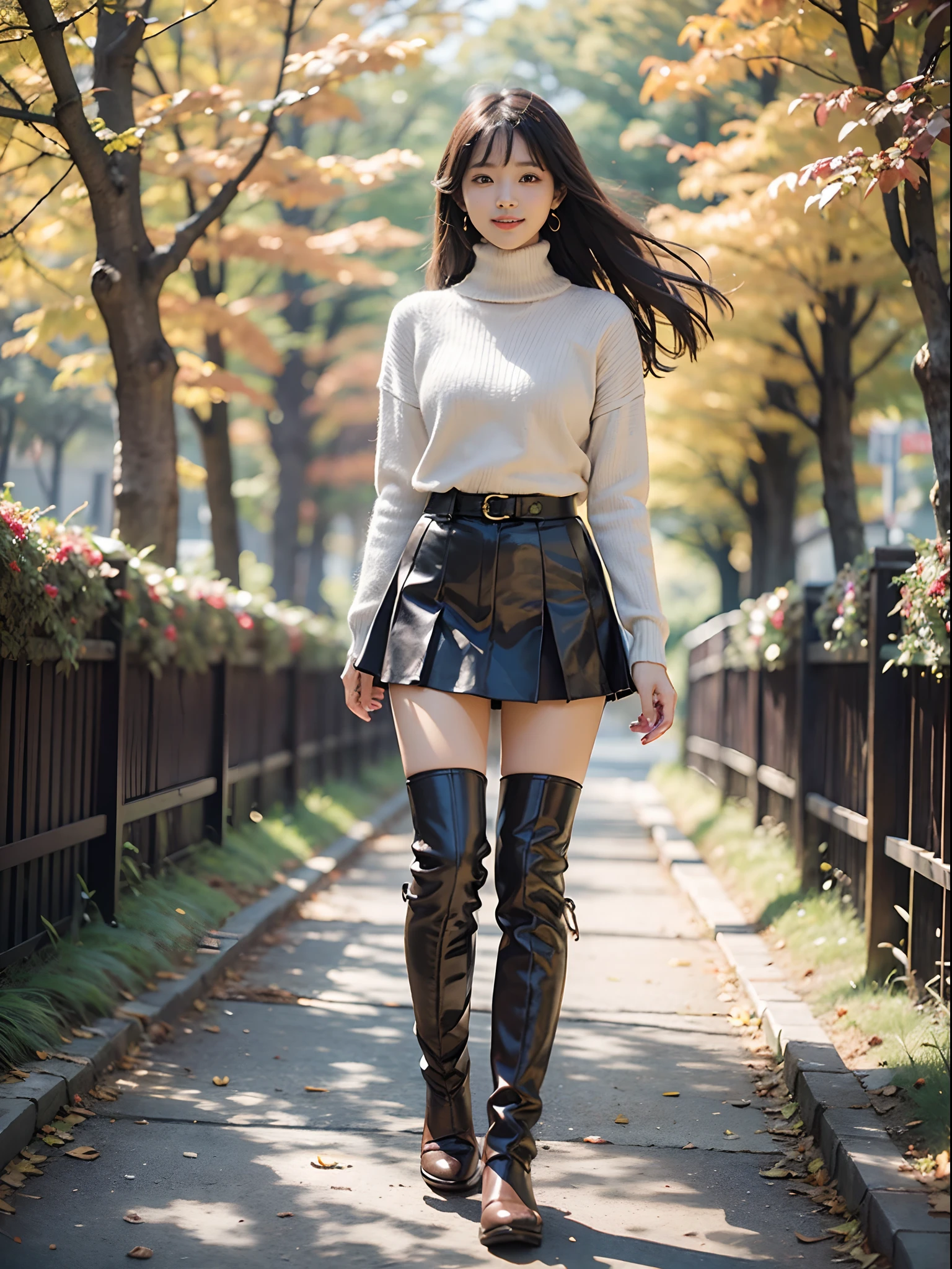 Wearing long boots and skirt on the tree-lined avenue of autumn leaves in autumn park、Wearing a knitted turtleneck sweater、 Taking a walk、Beautiful feet、drooing eyes: 1.3,, (in 8K) , ​master piece, (No retouching, Lip gloss, False eyelashes, Real Skin, of the highest quality, 超A high resolution, depth of fields, chromatic abberation, Caustics, Wide Lighting, Natural Shading))Korean Idols、Live action、Sauce order、Asian woman smiling at Alafe,、Young Pretty Gravure Idol, Young skinny gravure idol, Realistic Young Gravure Idol, Young Sensual Gravure Idol, Japanese Models, Shot with Canon EOA 6 D Mark II, taken with canon eos 5 d mark iv, Young Gravure Idol,