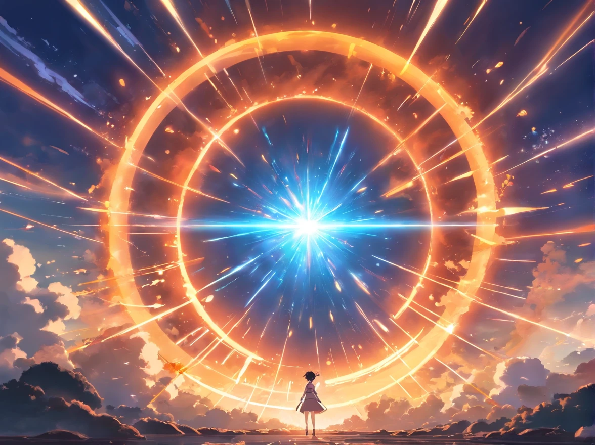 Supernova explosion,Orange main color,Huge cross-rays,Extremely strong color impact,Darker dominant tones,Extremely strong contrast