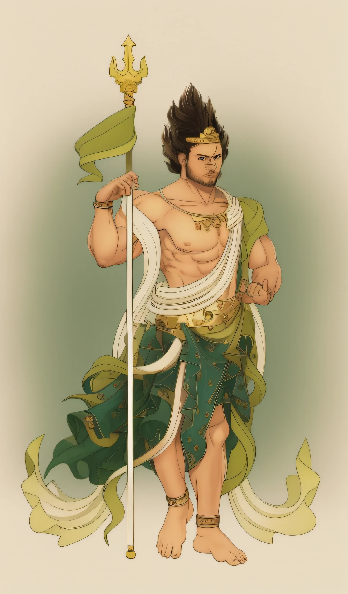 Masterpiece,4k, High detailed, High quality, Handsome, muscular body, masculine, fair skin, long hair tied up, Green and white shawl on the chest and back, top and bottom skirt fabric, wearing gold bracelets and necklace, without shoes, without text, without numbers, long hair, one body, background in kingdom