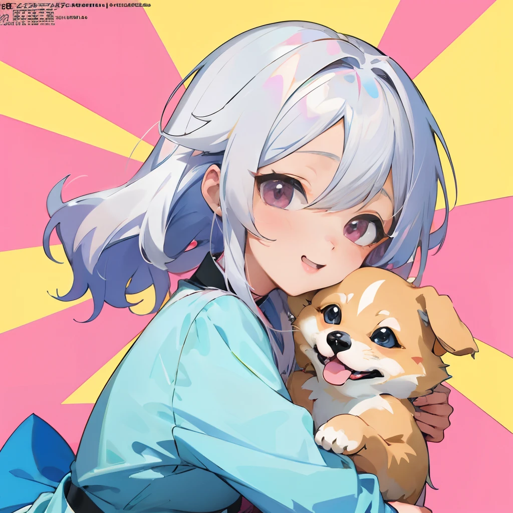 Anime girl with silver hair and pink eye edging, official artwork, , Lori, anime style portrait, anime moe art style, 2 d anime style, Cute art style, Stylized anime, Anime Art Style, Anime style. 8K, anime style 4 k, Anime Art Style, digital anime art!!、White puppy、fluffly、Baby Golden Retriever、blanche、Vigorous、A charming smile、Office Lady Style Clothes、Wearing a suit、Deformed puppy、raise the front paws、