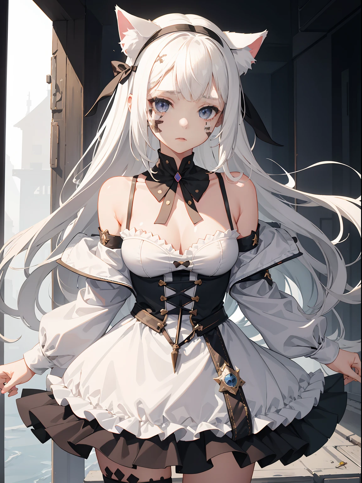 1 girl, Breast in, stitched face, patchwork skin, Closed mouth, Long Hair, face expressionless, White hair, stitched face, Patchwork skin, Cowboy shot, super short dress, cat ears
