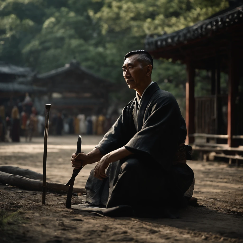Yukio Mishima is sitting on the ground,, with a sword in hand, behind him stands a Japanese woman in the background
