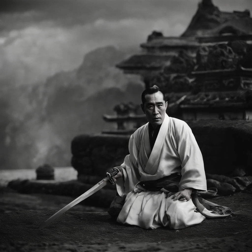 Yukio Mishima is sitting on the ground,, with a sword in hand, behind him stands a Japanese woman in the background