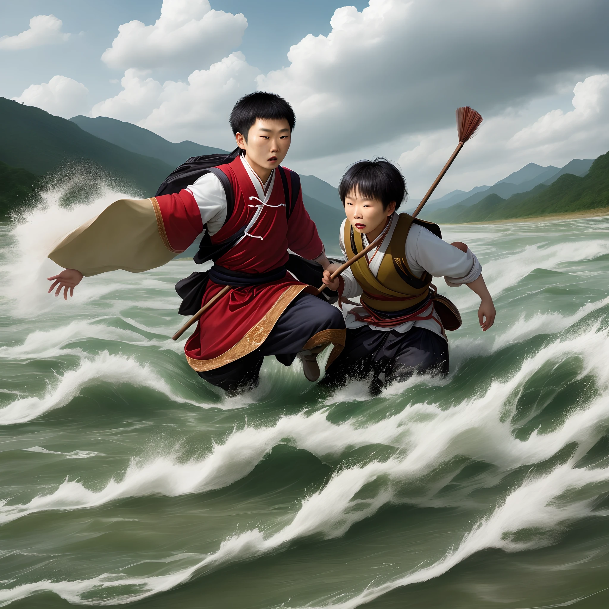 "Create an image of Li Wei and Ming, the local guide, crossing a turbulent river while on their quest for the treasure."