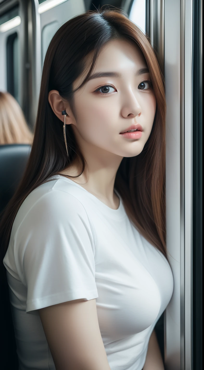 realistic photos of 1 cute Korean star, straight hair, white skin, thin makeup, 32 inch breasts size, wearing t-shirt, pants, wearing earphone,sitting in a train, close-up portrait, UHD