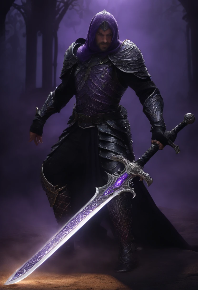 (Numerous award-winning masterpieces, with incredible detail, textures and maximum detail), (hyper realistic:1.4), (realistic:1.3), (best quality real texture skin), ((five perfect and beautiful fingers)), (finely detailed true circle eyes), ((finely detailed face)), (A pair of purple eyes with strong purple light emitting from within:1.7), , (Dark black full plate armor covering the entire body: 1.7), ((The armor is scarred but delicately decorated)), ((Wandering swordsman)), ((only have two arms)), ((Less skin exposure)) ((knight in black)), (wears worn-out, damaged black leather pants), (Delicately decorated Costume), (Anatomically correct limbs and physique:1.4), ((medieval world)), ((dramatic photo)), ((dynamic photo)), ((cinematic light)), (Full-length portrait:1.7), (looks up), (looking down), (dramatic pose), Wind Effects and Offensive Spells, beautiful silver hair, beautiful black hair ,black web robe, (purple skin) (Gripping the hilt of an elaborately decorated black long sword that glows with a monstrous light:1.7), Fearless and formidable warrior, Old ruins infested with plants, Ruins of an old castle, dungeon, Abandoned mine, Deserted ruins, ((night, twilight, sunset, dusk)), ripple on water, running water, Battlefield, detailed armor, epic realistic, ((neutral colors)), (hdr:1.5), (muted colors:1.2), hyper detailed, cinematic, warm lights, dramatic light, (intricate details:1.1), complex background, --auto