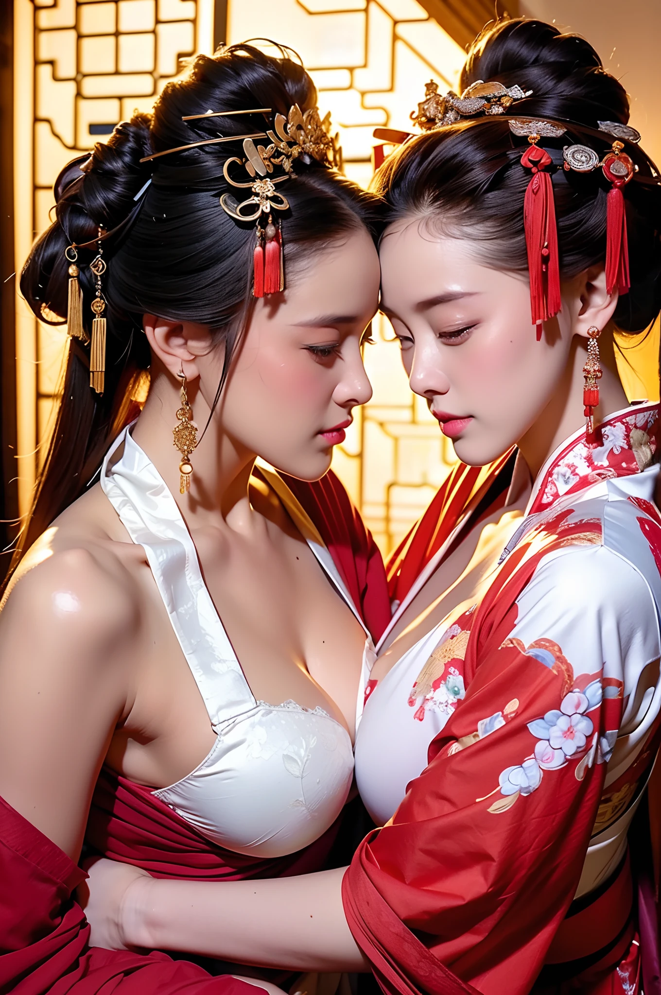 a couple of lesbians sitting together,Taoist,single hairbun,(an ancient Chinese hairstick on her head:1.5),Use mahogany hairpins,(transparent clothes),leering:1.4,Reveals translucent lace panties,(ulzzang-6500-v1.3,pureeroface_v1,octane rendering),elegant pose,xxmix girl woman,perfect composition golden ratio, masterpiece, best quality, 4k, sharp focus. Better hand, perfect anatomy.