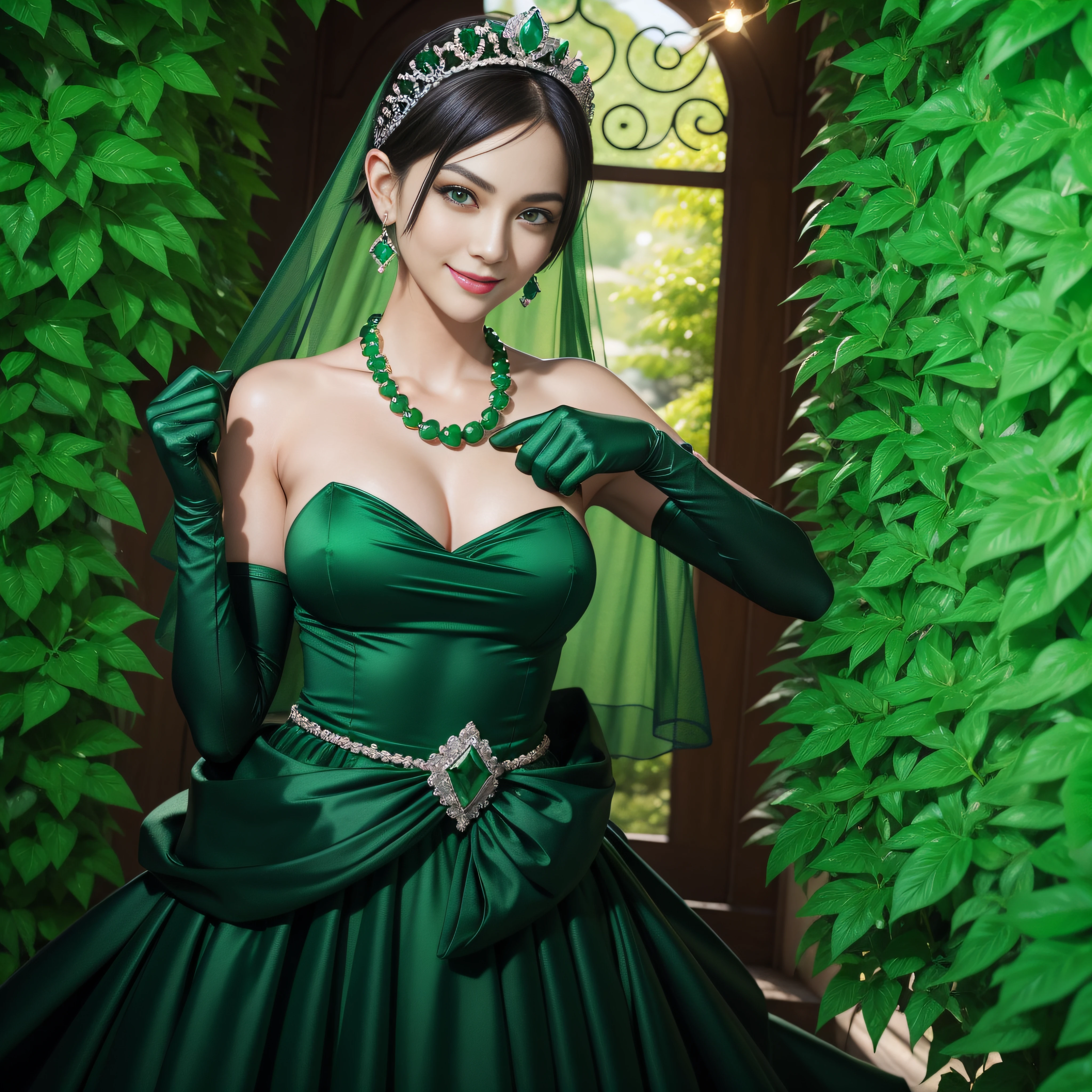 emerald tiara, Green Pearl Necklace, Boyish very short black hair, lipsticks, Japan woman smiling, very short short hair, fist, big breasts beautiful, Green eyes, Long green gloves made of satin material, Green eyes, Emerald Earrings