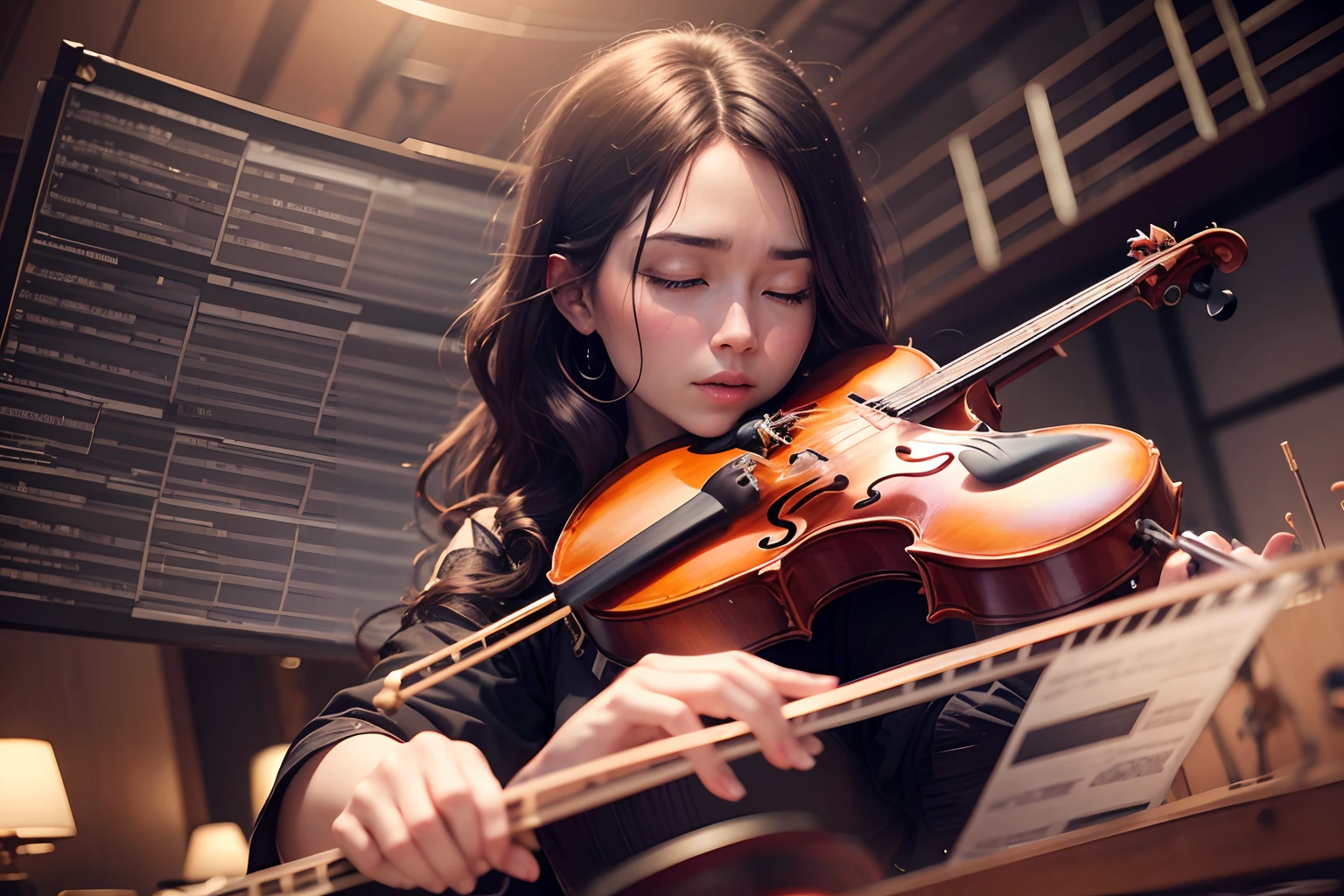 Movie shot of a composer, an Orchestra Director Conductor, in a Chaotic musical city build of musical instruments and film, Ultra realistic, 8k, (best quality,4k,8k,highres,masterpiece:1.2),ultra-detailed,[(music),(components)], [(orchestration),(arrangement)], [composition], [film], [film music], [(absolute masterpiece)],vivid colors,bokeh,studio lighting,[(film music),(symphony orchestra:0.8)],[grand stage],[(harmony),(melody)],[beautiful crescendos],[sweeping musical phrases],[(emotional music),(passionate music)];