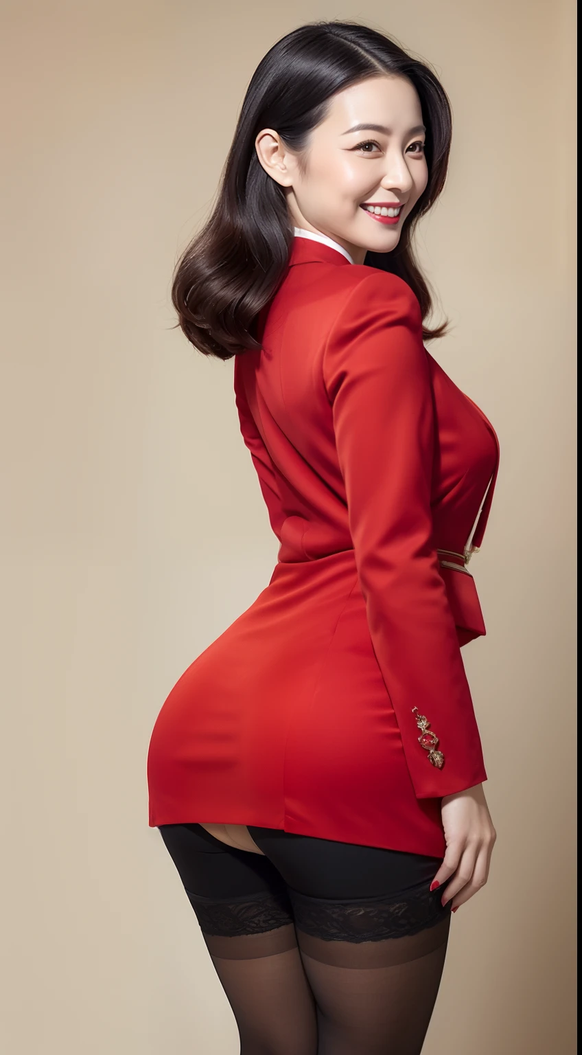 Masterpiece,Best quality, (maam. clerk:1), ((Portrait:1.3)), Cross arms, Smile,Red professional attire,Long legs,skin hyper-detail,Clear pores,in a panoramic view,Cocked buttocks,black lence stockings,Beautiful young Japanese woman over 40 years old, Perfect face, Fantastic look, (Detailed facial features), Clean and nice face
