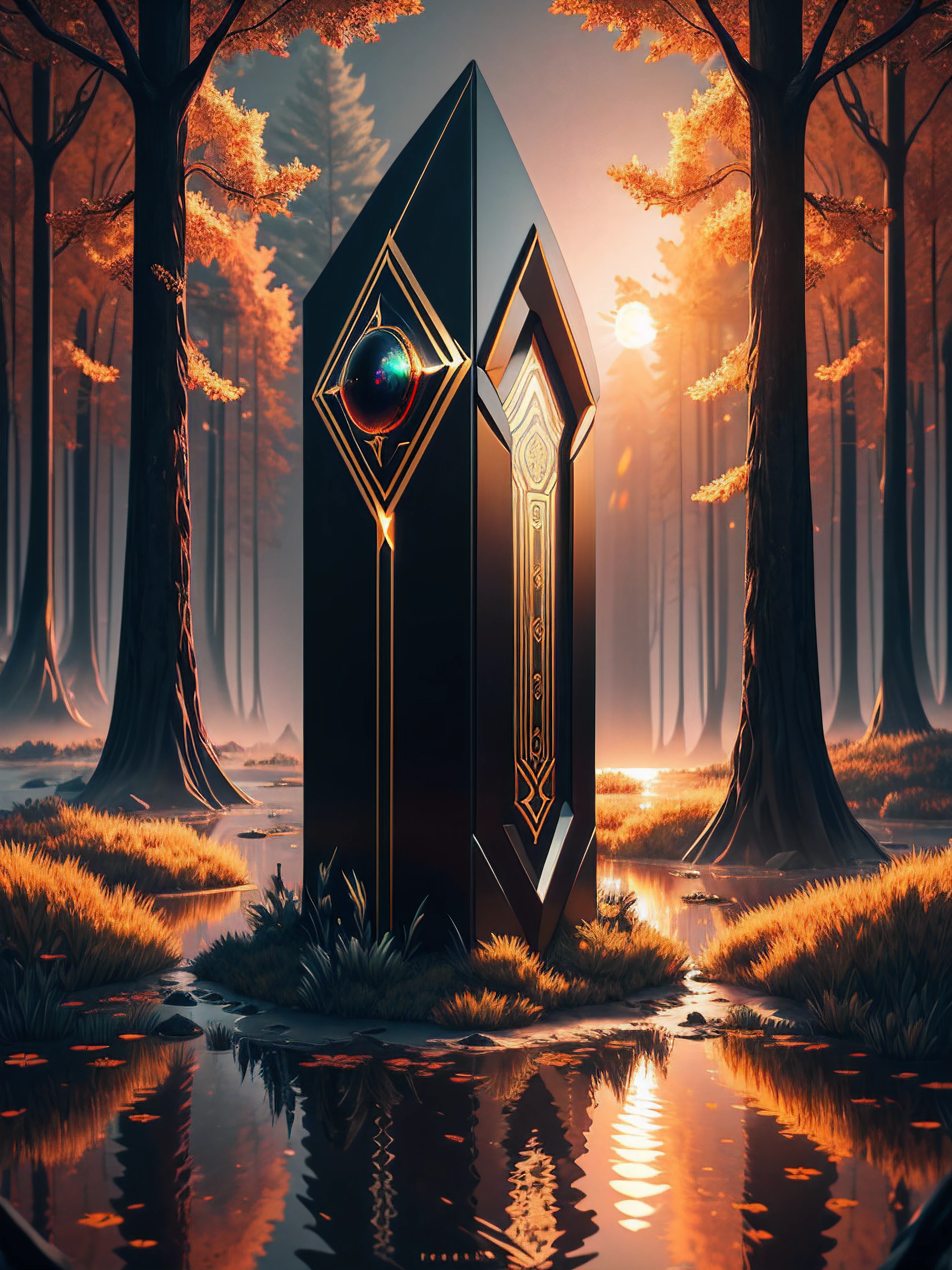 black smooth metallic monolith with multicolor dragon eye in the middle of a dark swamp, blood, portal, sunrise, fog, gold and petrol pattern, transparent, magic, science fiction, ai, trading derivatives, HDR, RGB, highly realistic, Volumetric light, auras, rays, vivid colors reflects, trending on artstation, sharp focus, studio photo, intricate details, highly detailed,