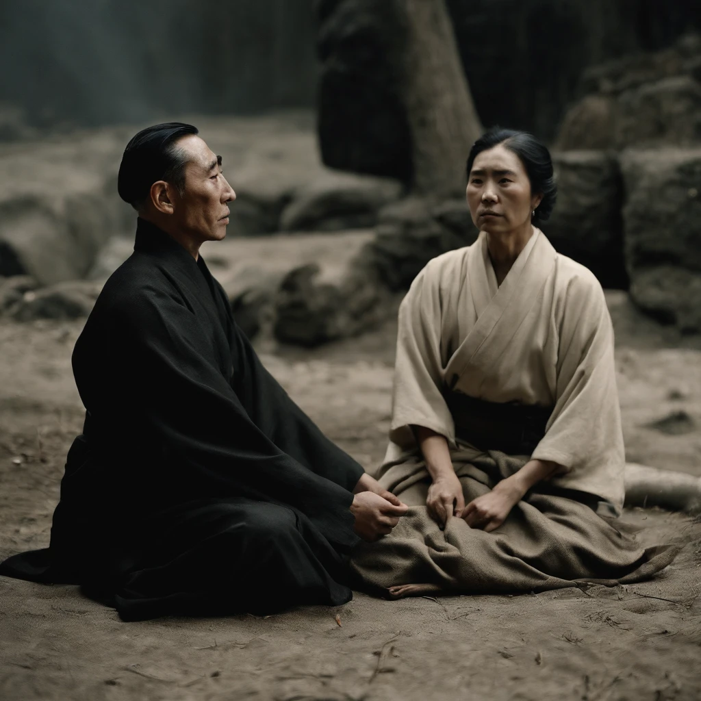 Yukio Mishima  is sitting on the ground,, with a sword in hand, behind him stands a Japanese woman in the background