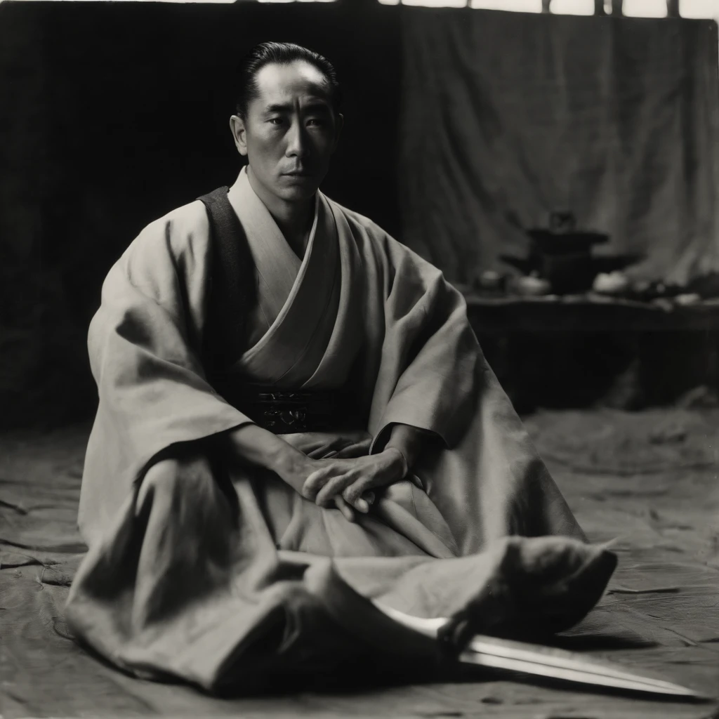Yukio Mishima is sitting on the ground,, with a sword in hand, behind him stands a Japanese woman in the background