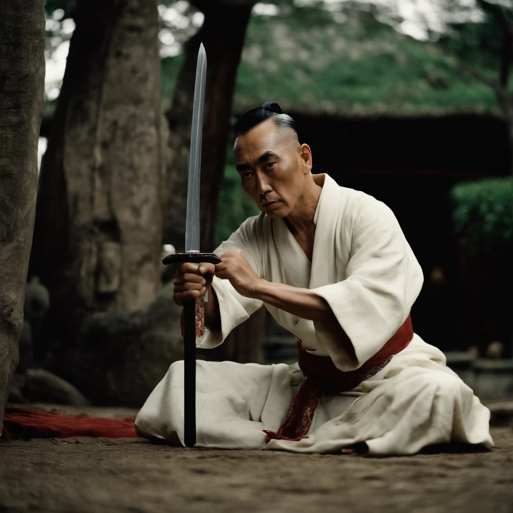 Yukio Mishima  is sitting on the ground,, with a sword in hand, behind him stands a Japanese woman in the background