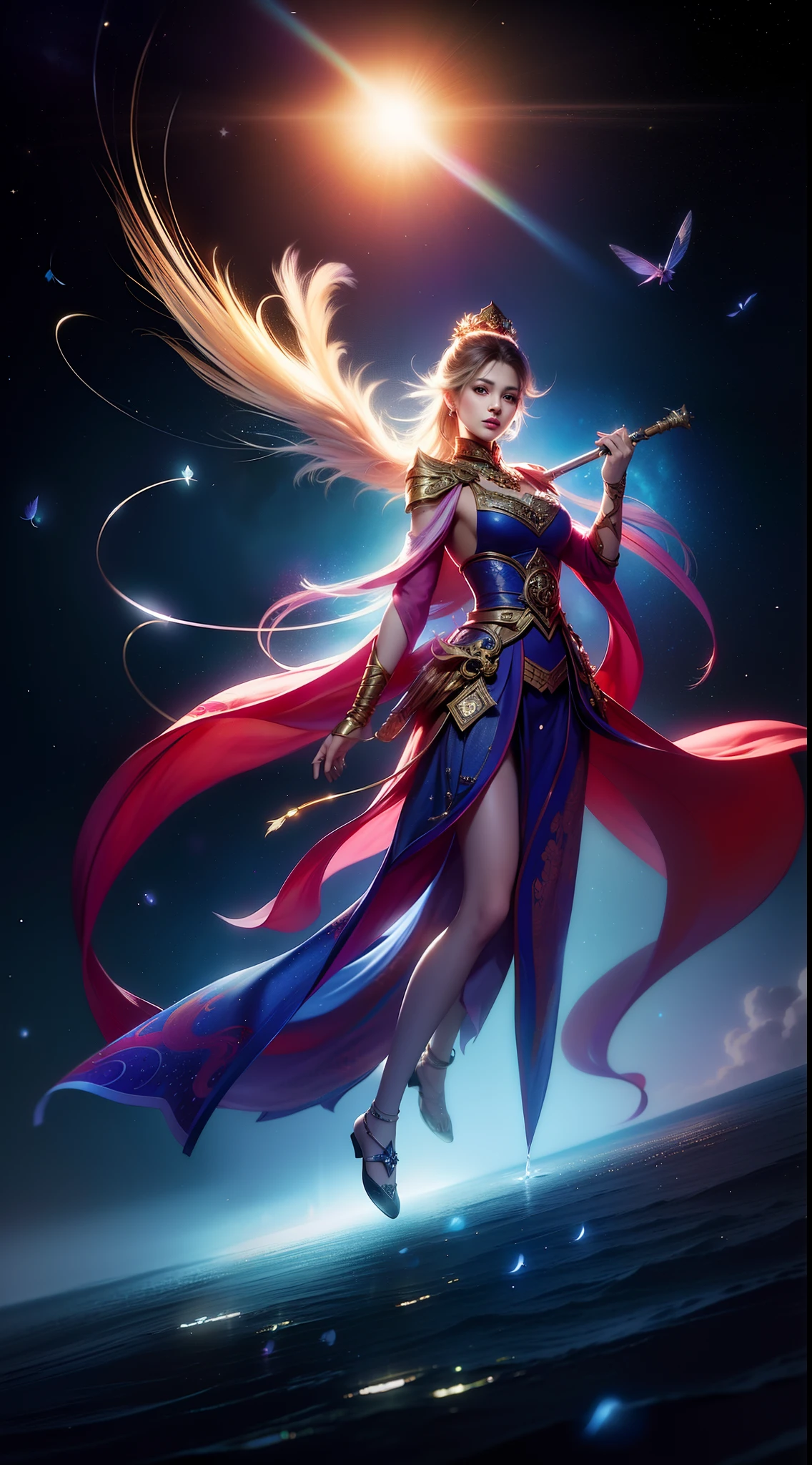 (Masterpiece, Top Quality, Best Quality, Extreme Detail, Supreme Detail, Official Art, Beauty and Aesthetics: 1.2), Colorful, Upper Body Shot, Beautiful Face, Solo, Perfect Body, (Flying on Sky Clouds: 1.6), Fairy, Flowing Streamers, Sun Rays, Clouds, Full Body, Hanfu, Chinese Clothes, White Dress, Water, Fireflies, Night, Starry Sky, Jewelry, Feathers on Dresses, Peacock Feathers, Light Particles, Volume Lighting, ray tracing (flowing streamers: 1.1), (fantasy novels: 1.2), illuminators, stars, fantasy, high contrast, ink strokes, overexposure, purple and red tone impressions, abstract, (watercolors by John Berkey and Jeremiman)) brush strokes,